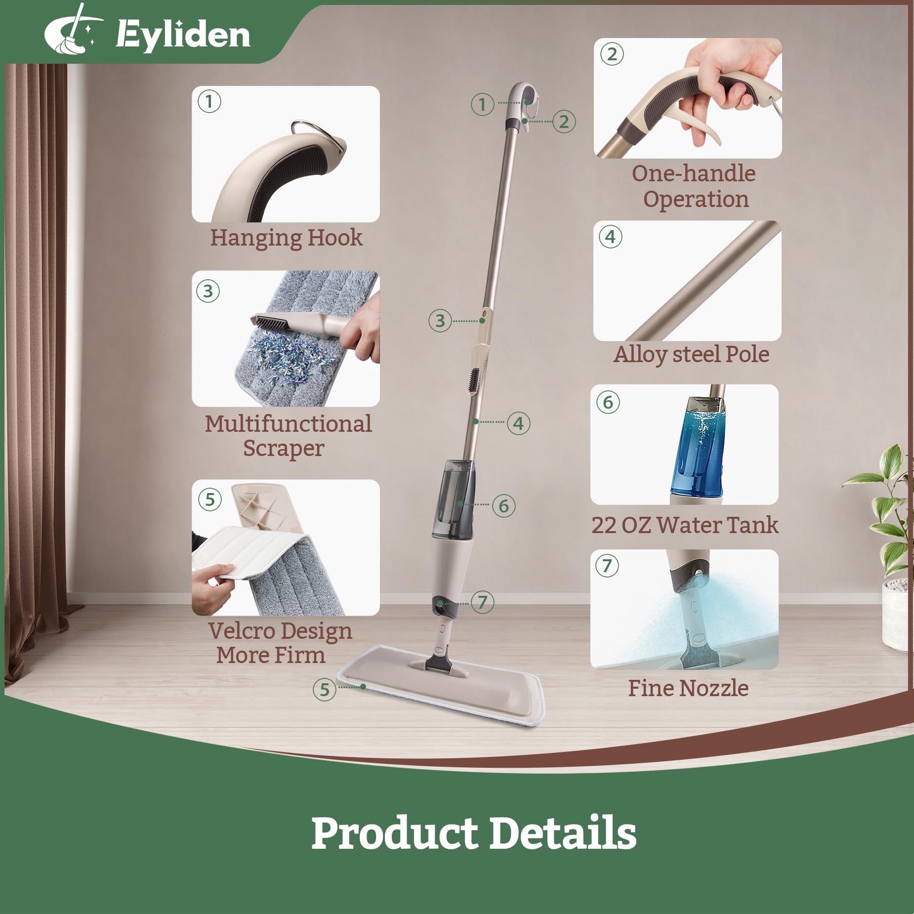 Eyliden Wet and Dry Spray Mop - 360° Rotating Head, 22 oz Refillable Bottle, 2 Washable Microfiber Pads, Ergonomic Handle - Floor Mop with Spray for Hardwood, Tile, and Laminate Floors (Brown)