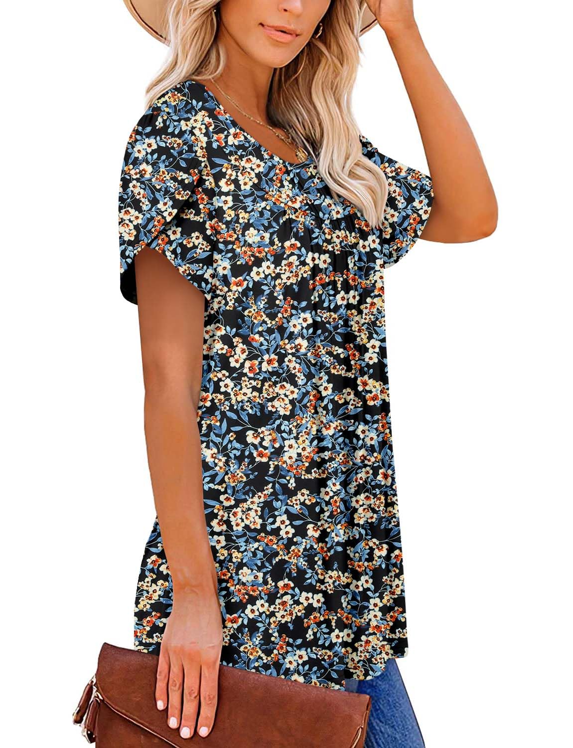 BETTE BOUTIK women's tunics floral crewneck petal short sleeve button down shirts for women loose fit with print BlueFlo Medium