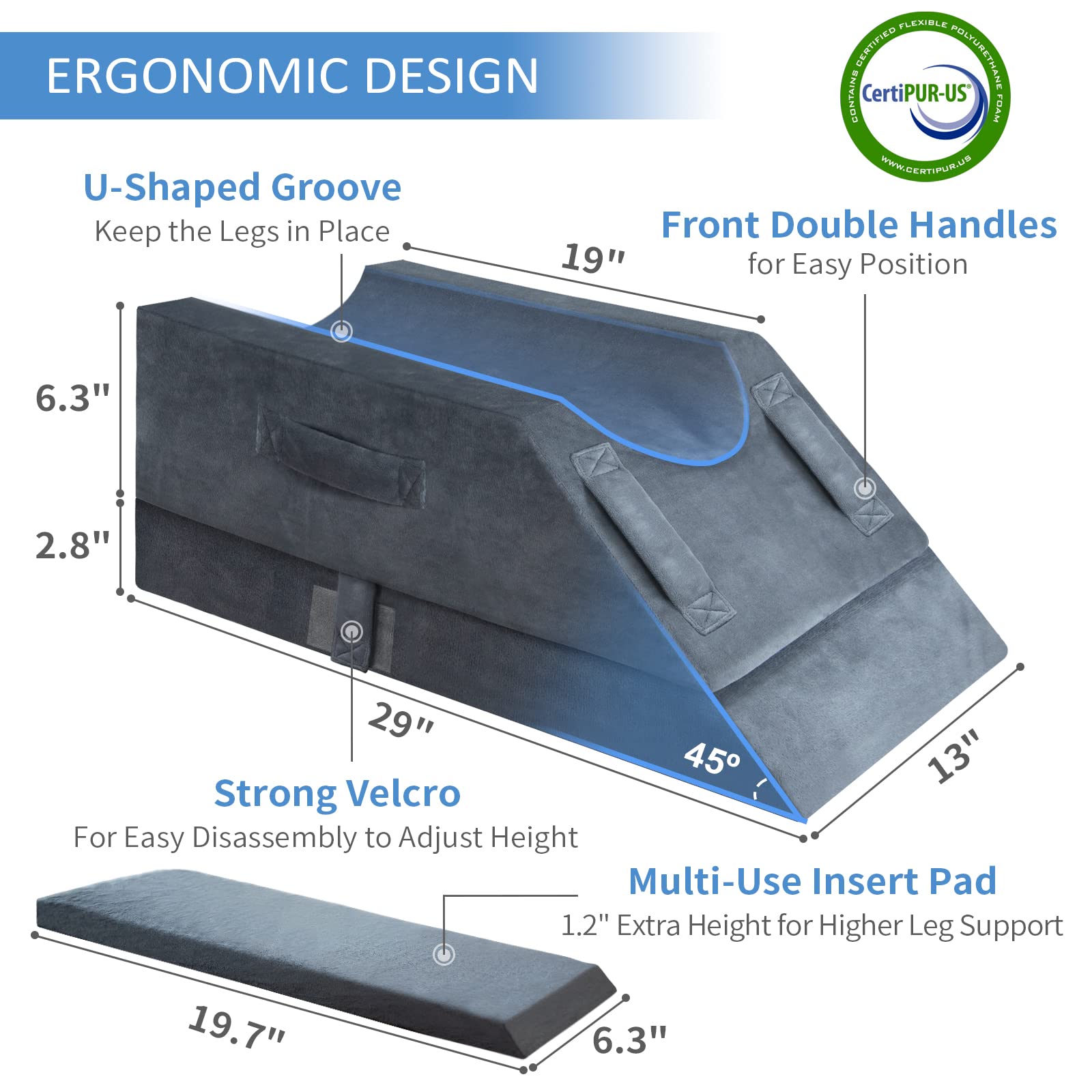 KingPavonini 4-Height Adjustable Leg Elevation Pillows for After Surgery, Injuries, or Rest, Memory Foam Leg Pillows for Sleeping with 3 Handles and Insert Pad, Washable Velvet Cover