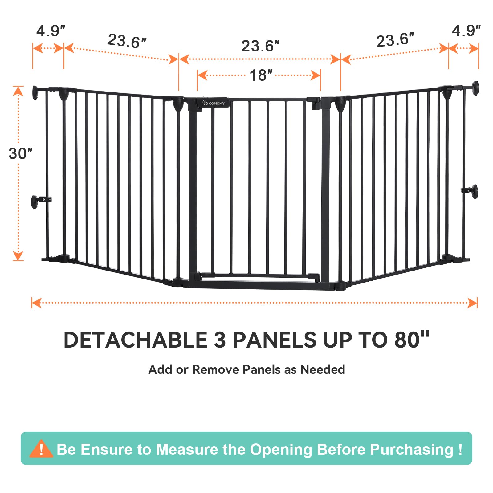 COMOMY 80" Extra Wide Baby Gate, Dog Gate for House Stairs Doorways Fireplace, Auto Close Pet Gate with Door Walk Through, 3 Metal Panels, Hardware Mounted Baby Fence Indoor Outdoor(30" Tall, Black)