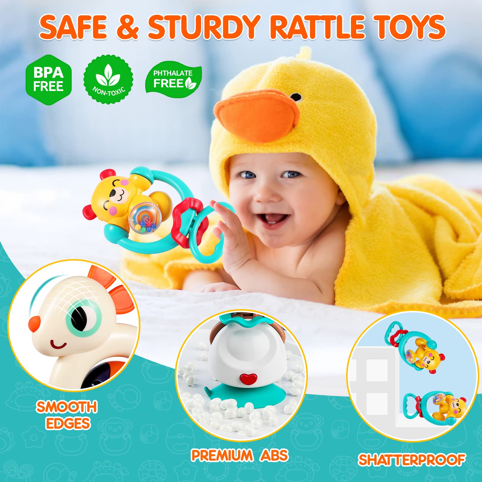 Baby Toys 6-12 Months Infant Toys Set of 3 High Chair Suction Cup Rattle Teething Toys for Baby 6 7 9 12-18 Months 2-in-1 Sensory Development Tray Toy Baby Gifts Boys Girls Easter Basket Stuffers