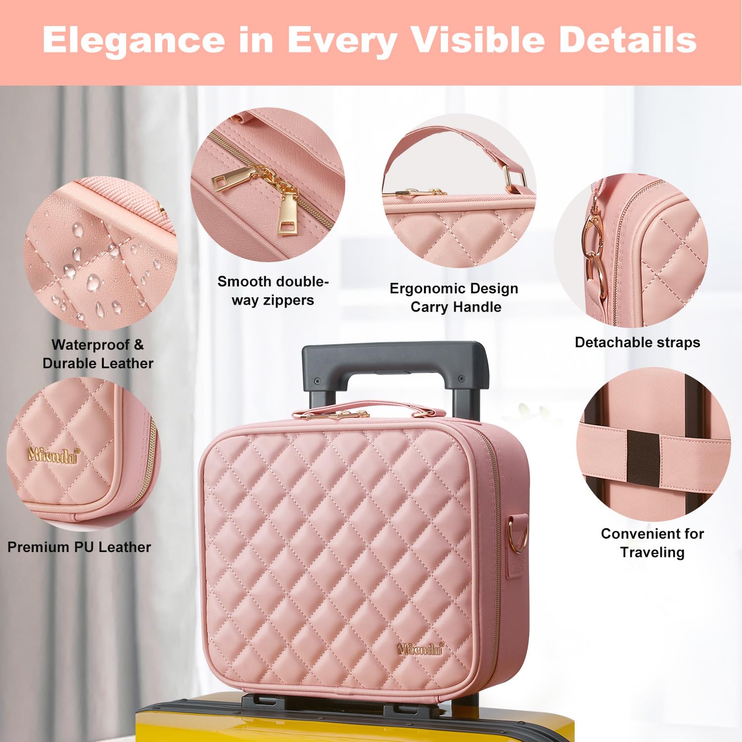 Mocado Travel Makeup Bag with LED Lighted Mirror, Travel Makeup Organizer, Makeup Case with 8 Makeup Brushes and 10x Magnifying Mirror, 3 Color Lighting, Adjustable Divider Makeup Box(Pink Lozenge)