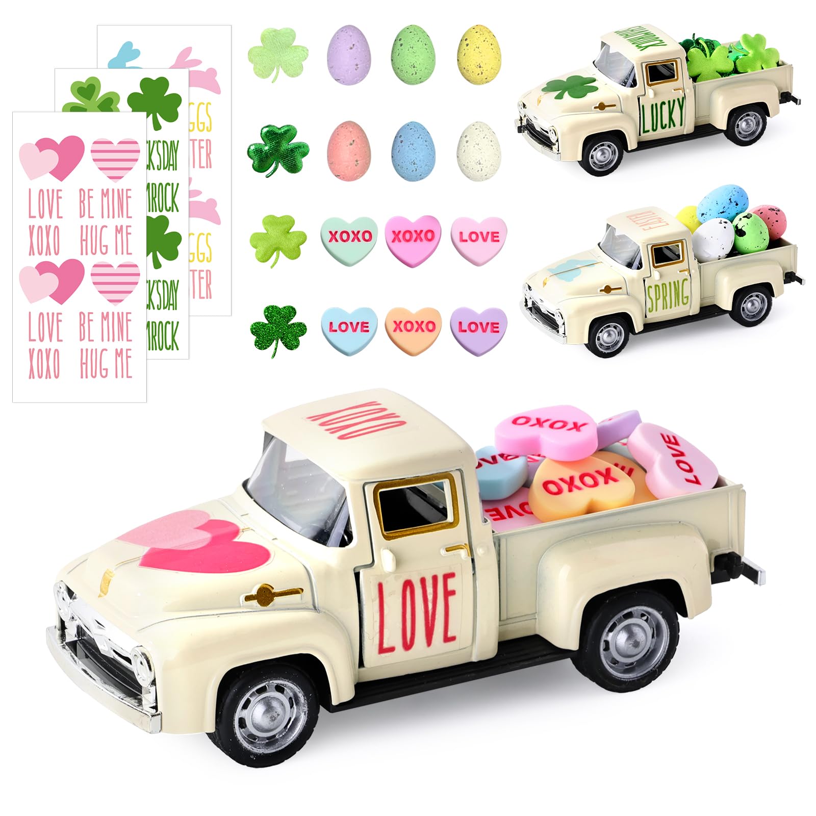 Bunny Chorus Valentines/St. Patrick’s/Easter Decor, Rustic Metal Farm Truck with Valentine Candy Heart St Patricks Day Shamrock Easter Egg, Valentines Day Decor for Home Table Valentines Decor Gifts