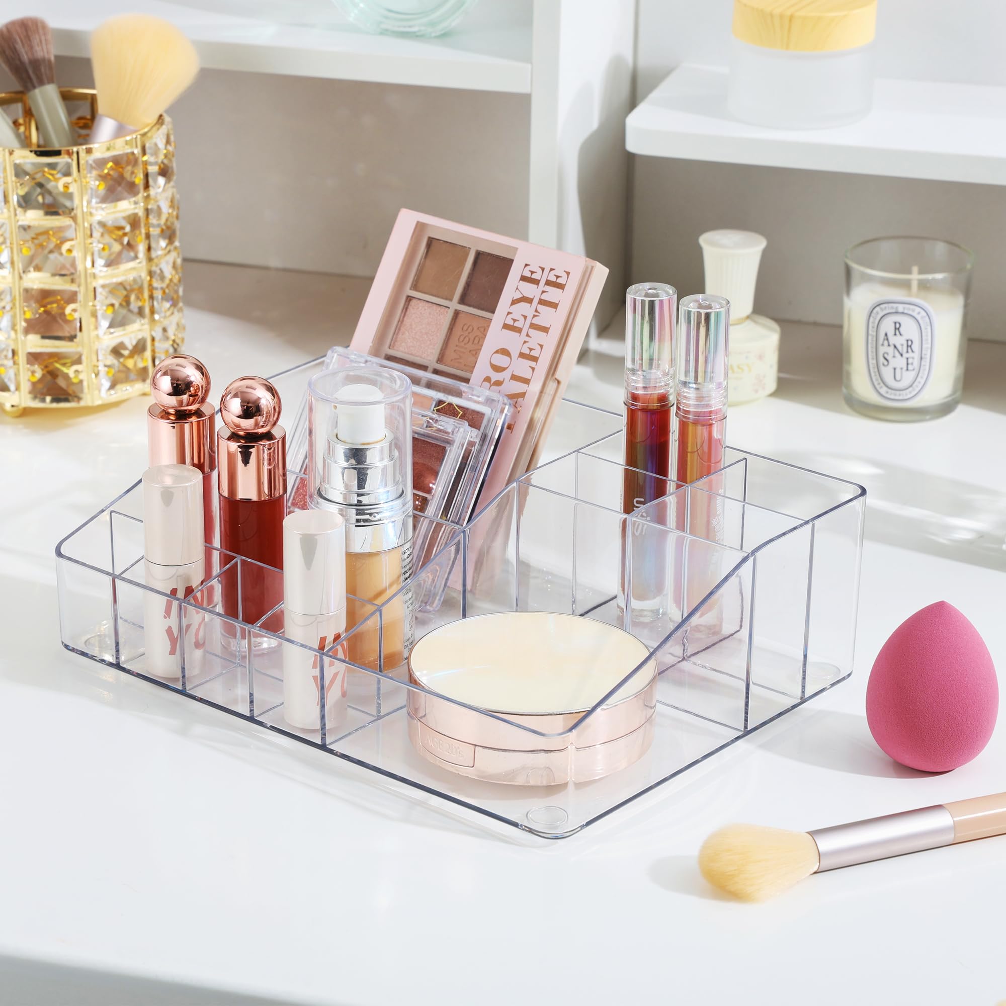 Vtopmart 3 Tier Clear Makeup Organizer with Drawer, Cosmetic Storage for Dresser Countertop and Bathroom Vanity, Beauty Holder for Lipstick Brush Skincare