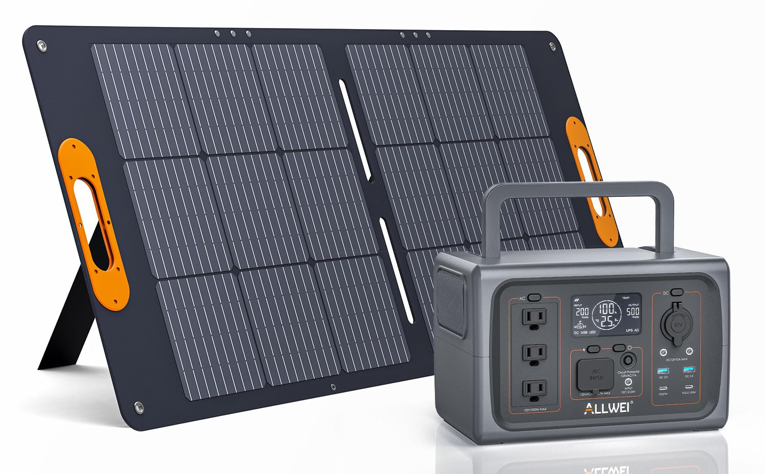 ALLWEI 500W Solar Generator with 100W Solar Panel, 512Wh LiFePO4 Portable Power Station with 3 AC Outlets(1000W Surge), Battery Generator for RVs Outdoor Camping CPAP Home Backup Power Outage