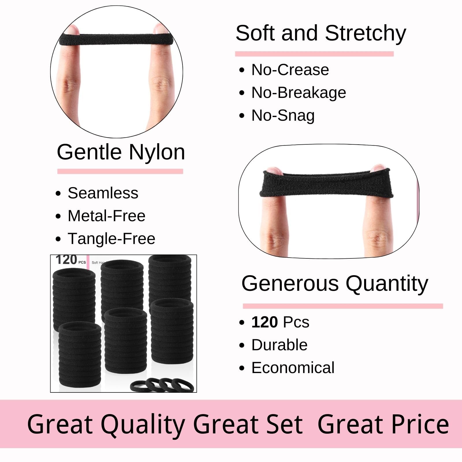 LuSeren 120 Pcs Black No Damage Hair Ties for Women Thick Hair, Large Soft Seamless Nylon Cloth Fabric Elastic Hair Ties Ponytail Holders Hair Elastics Hair Band,Perfect Valentine's Day Gift for Women