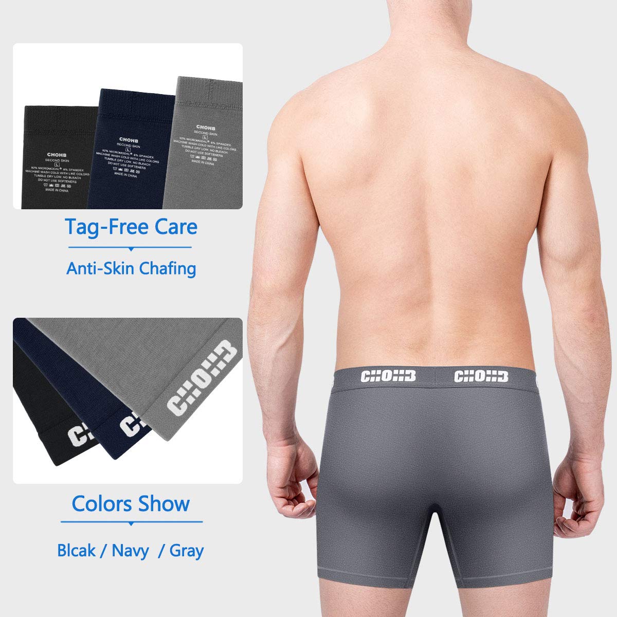 CHOHB Mens Underwear Micro Modal 3 Pack Boxer Briefs Open Fly, Black/Navy/Gray-M