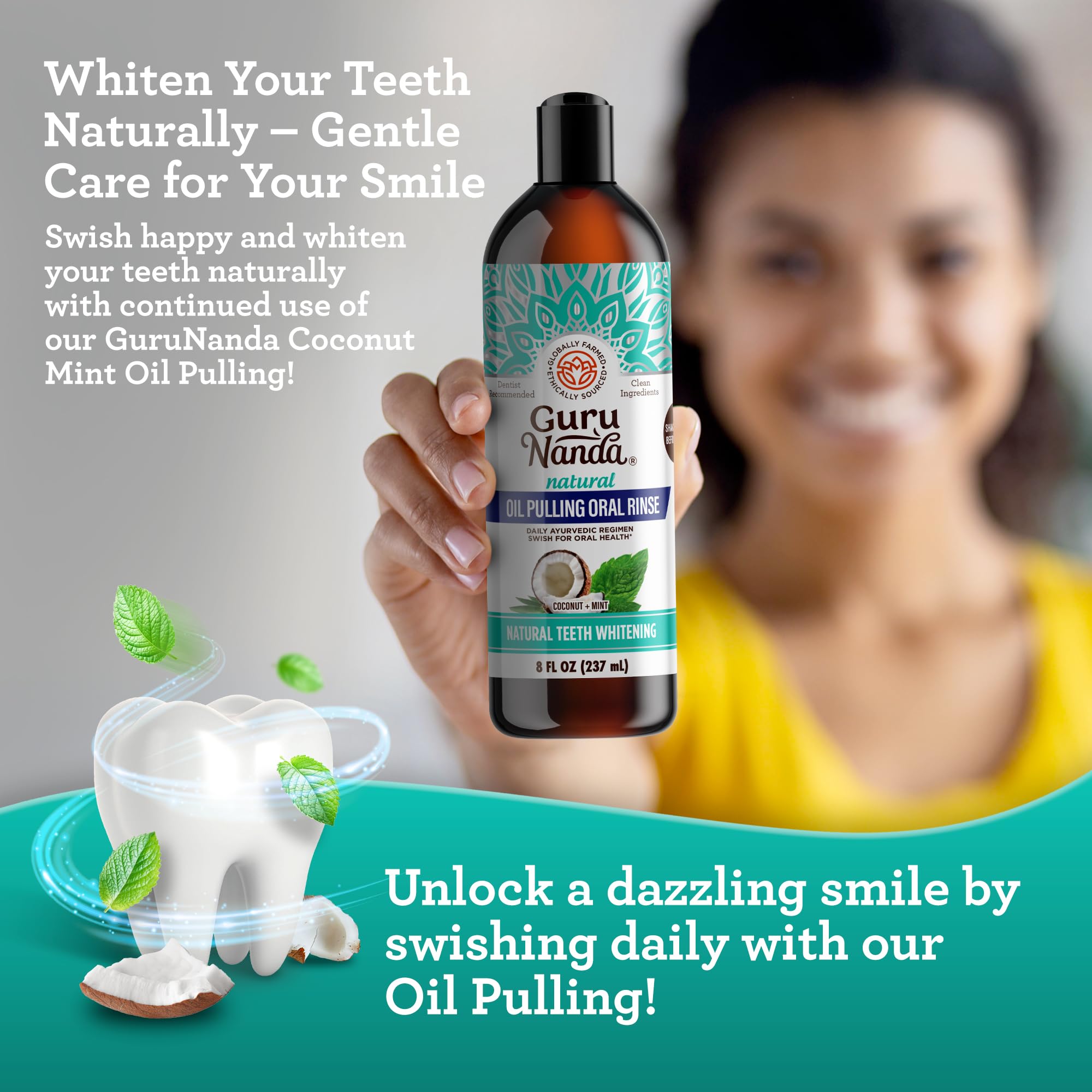 GuruNanda Coconut Oil Pulling, Fresh Breath & Whitening Mouthwash, 7 Essential Oils & Vitamins for Happy Teeth & Gums, Alcohol-Free, 8 oz