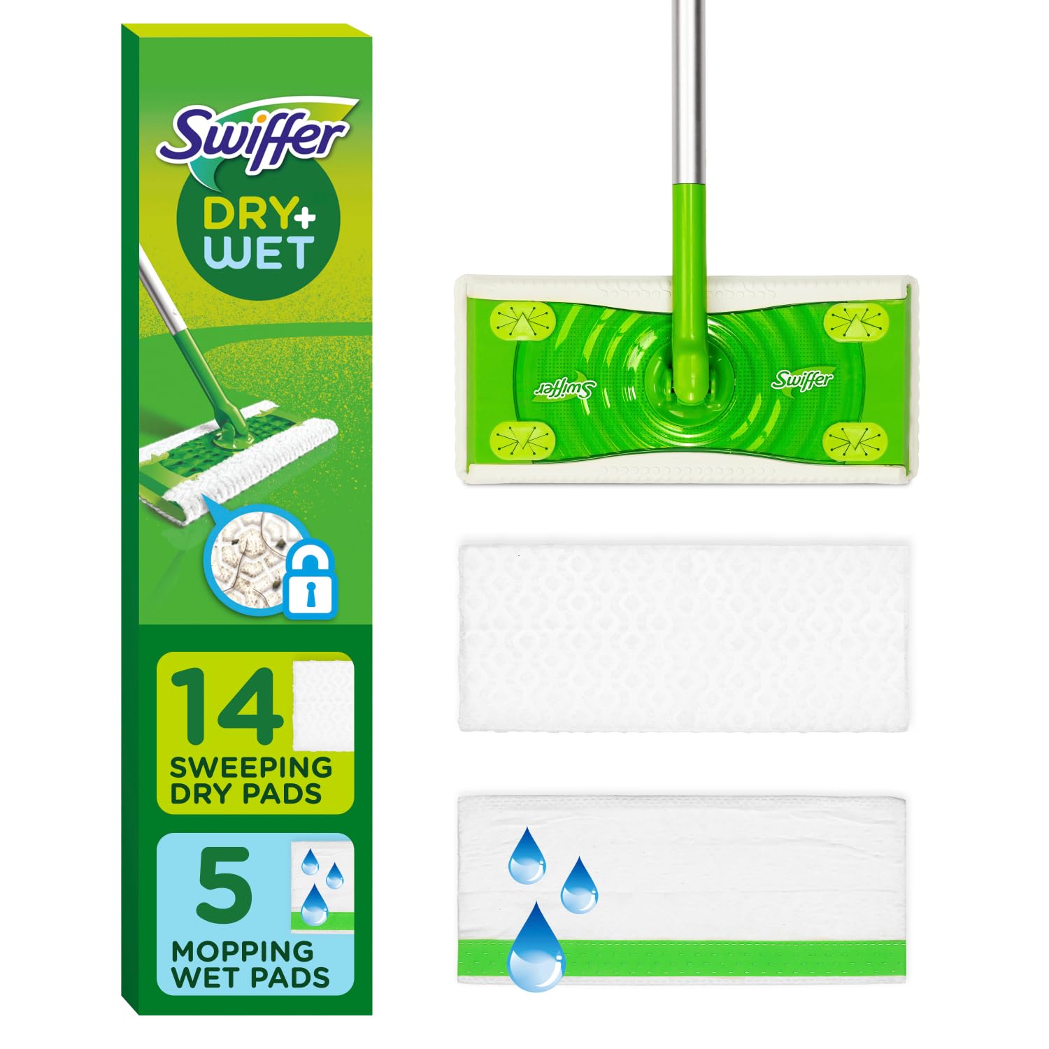 Swiffer Sweeper 2-in-1 Dry + Wet Floor Mopping and Sweeping Kit, Multi-Surface Kit for Floor Cleaning, Kit Includes 1 Sweeper, 14 Dry Sweeping Cloths, 5 Wet Mopping Cloths