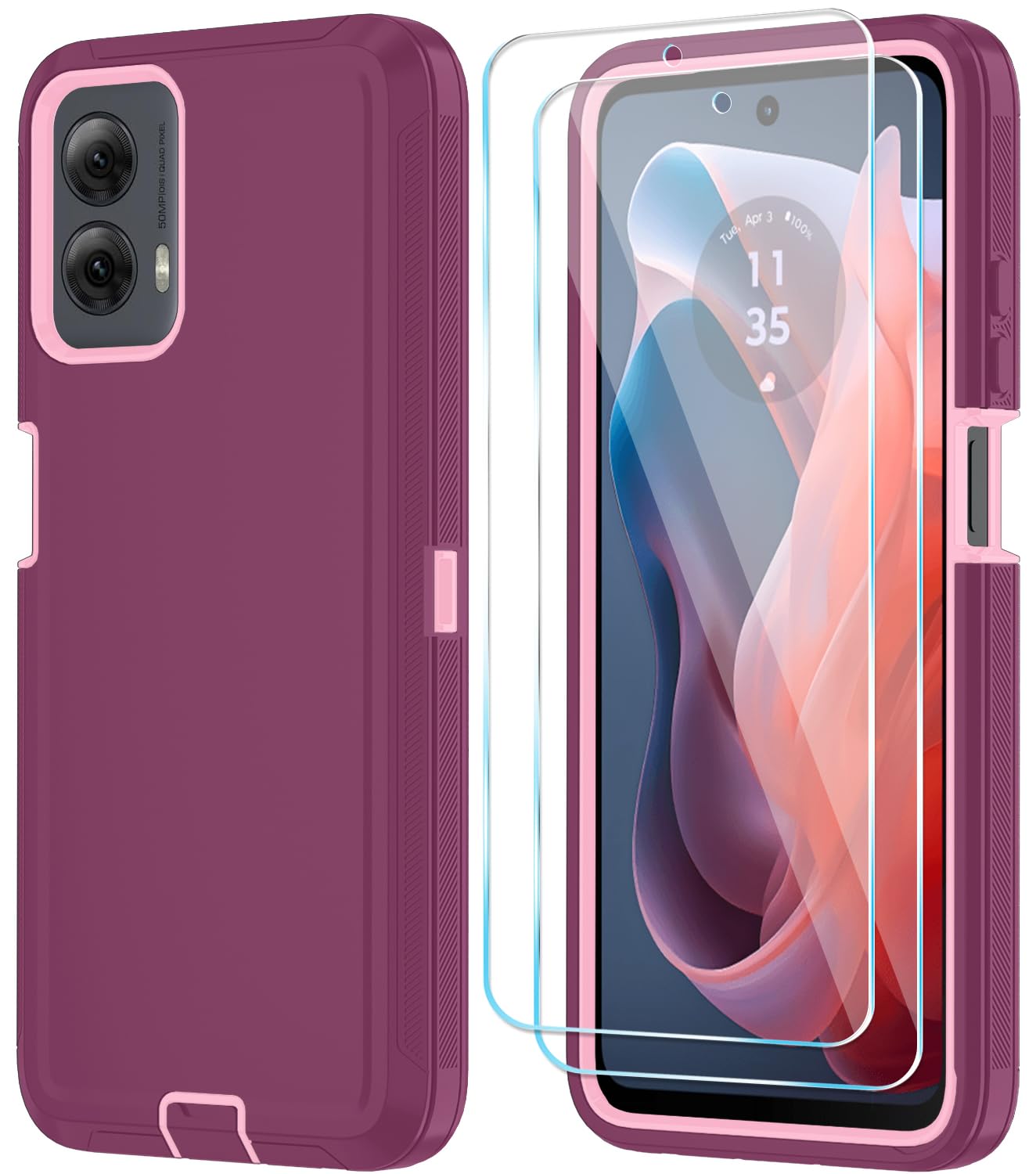 Qinmay for Motorola Moto G Power 5G 2024 Case with HD Screen Protector, Shockproof 3-Layer Heavy Duty Cover for Motorola G Power 2024 (Moto G Power 2024,WineRed Pink)