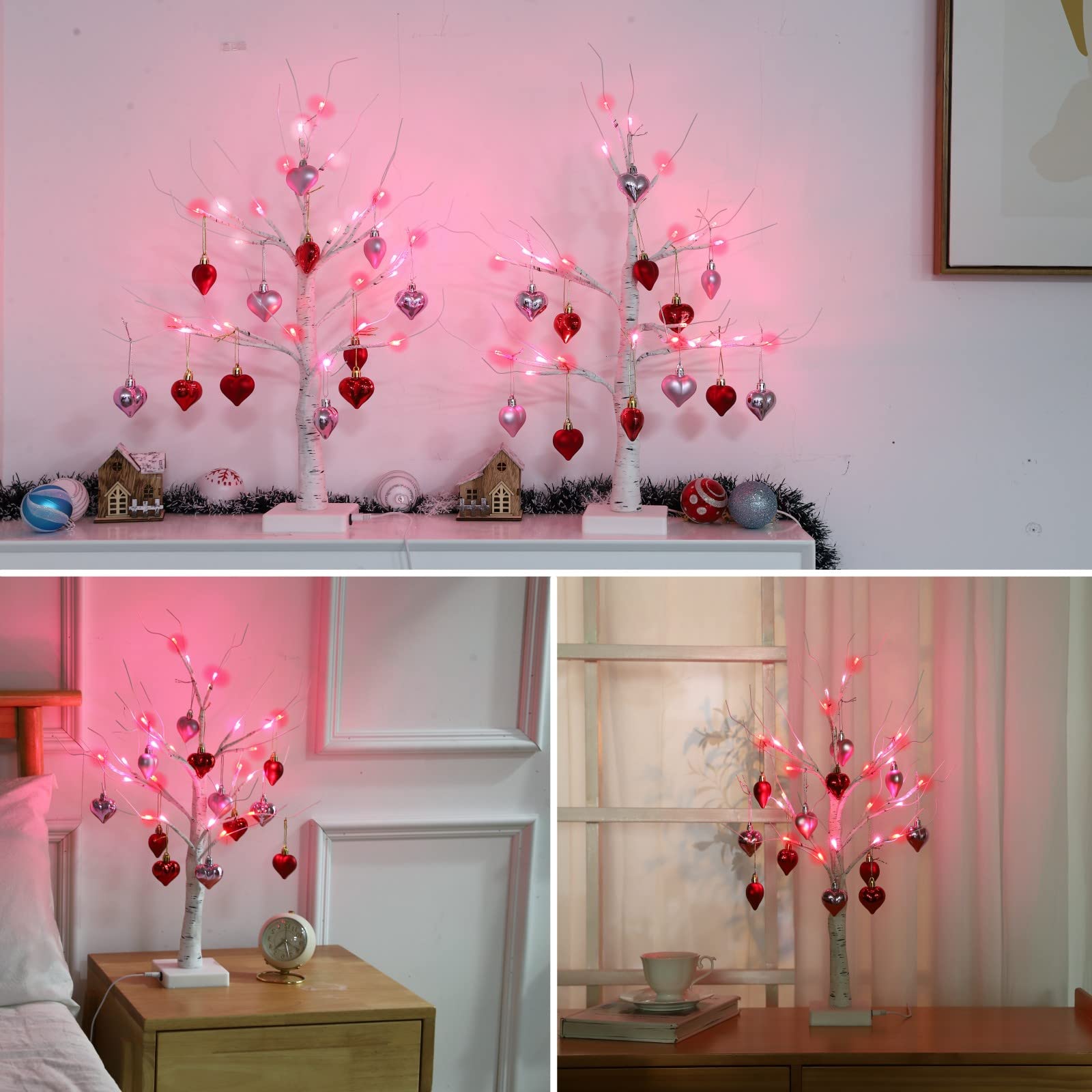 Efunly 2Pack Valentines Day Decor Lighted Birch Tree with Heart-Shaped Ornaments,USB&Battery Operated Light Up Artificial Tree for Home Indoor Bedroom Wedding Party Valentines Day Decoration