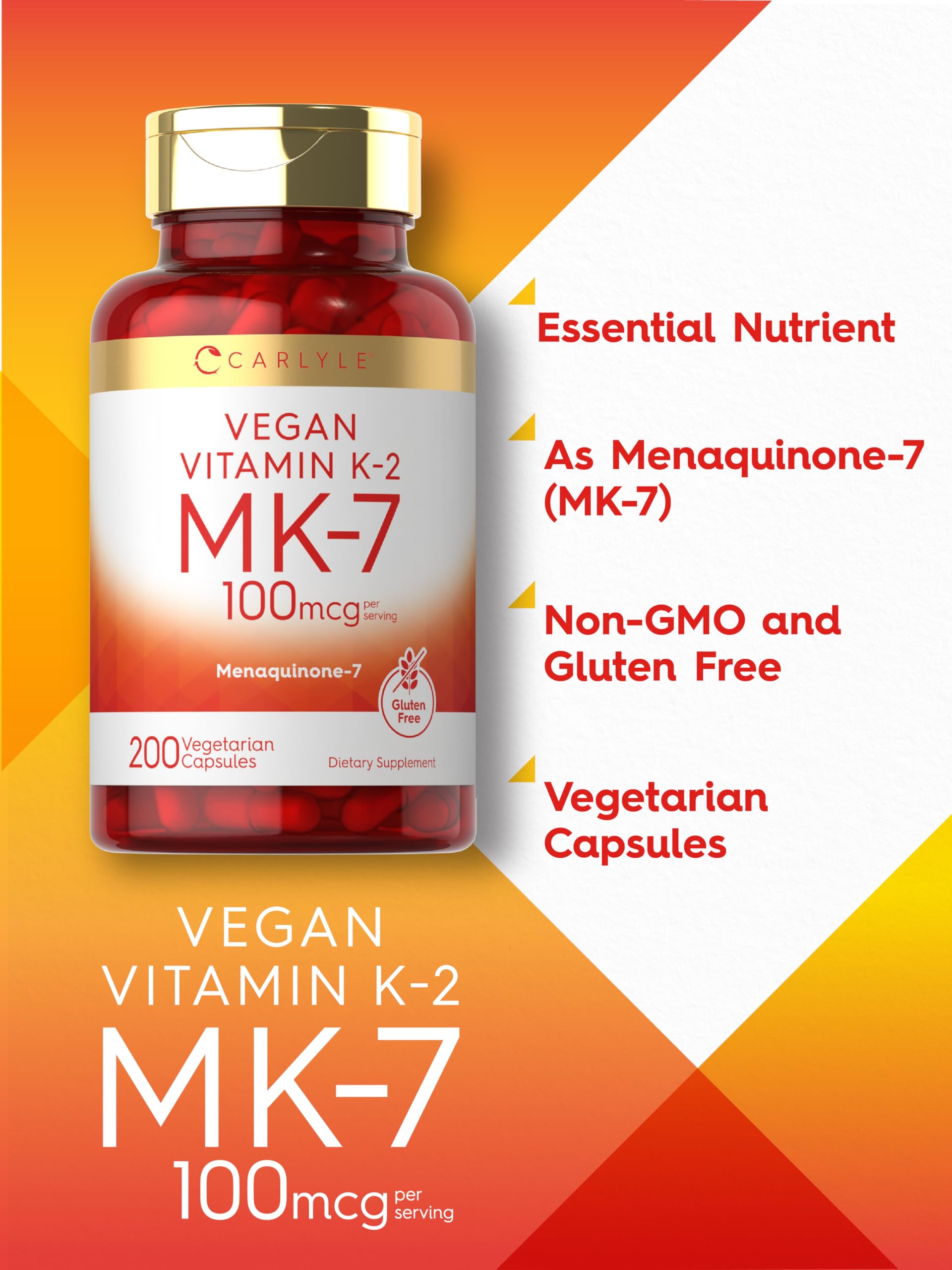 Carlyle Vitamin K2 MK7 100mcg | 200 Vegan Capsules | Menaquinone-7 Supplement | Non-GMO, Gluten Free