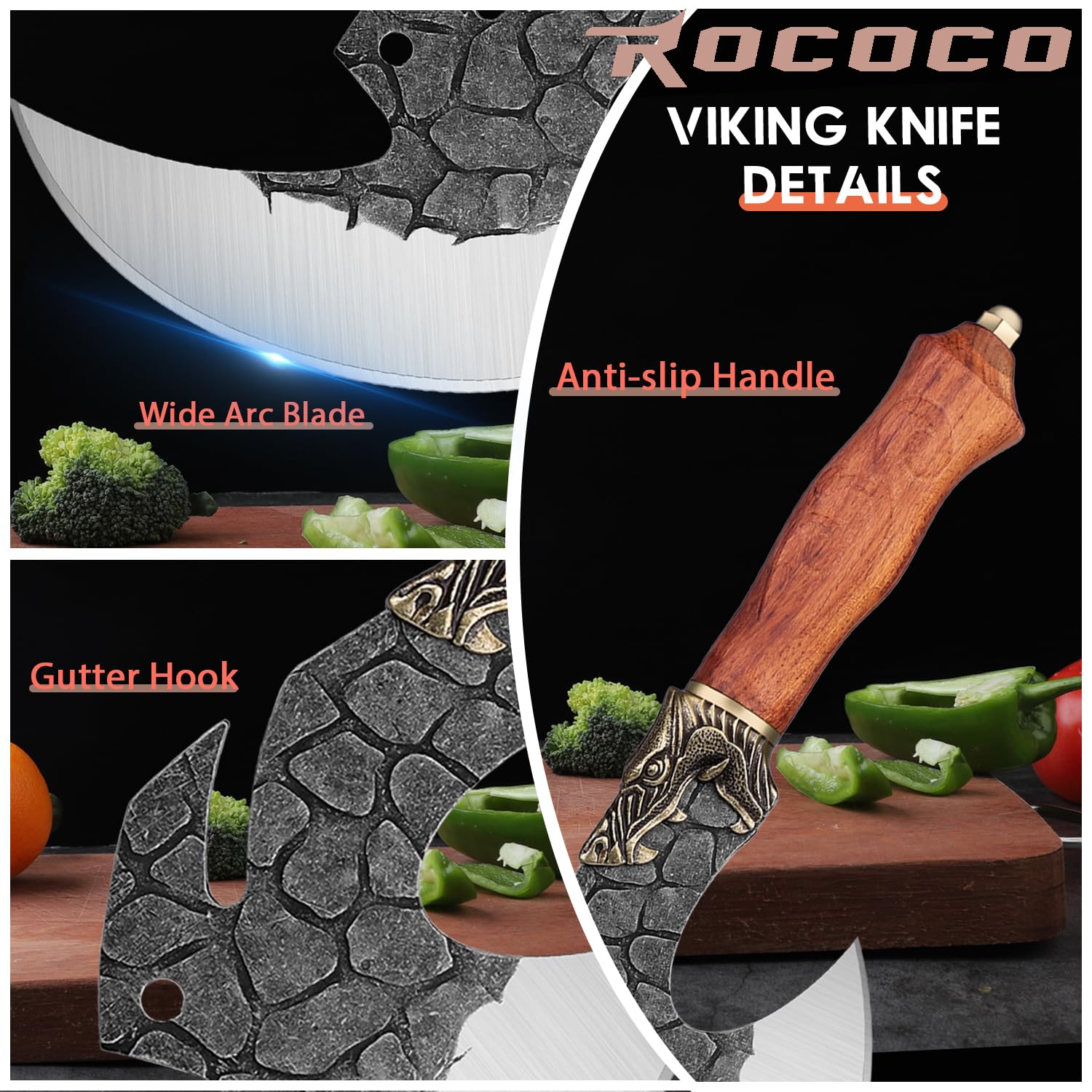 ROCOCO Viking Cleaver Knife Butcher Meat Cutting Boning Knife Hand Forged Chinese Kitchen Axe with Sheath Home Outdoor BBQ Camping Chirstmas Birthday Chirstmas Mother Father Gift Men