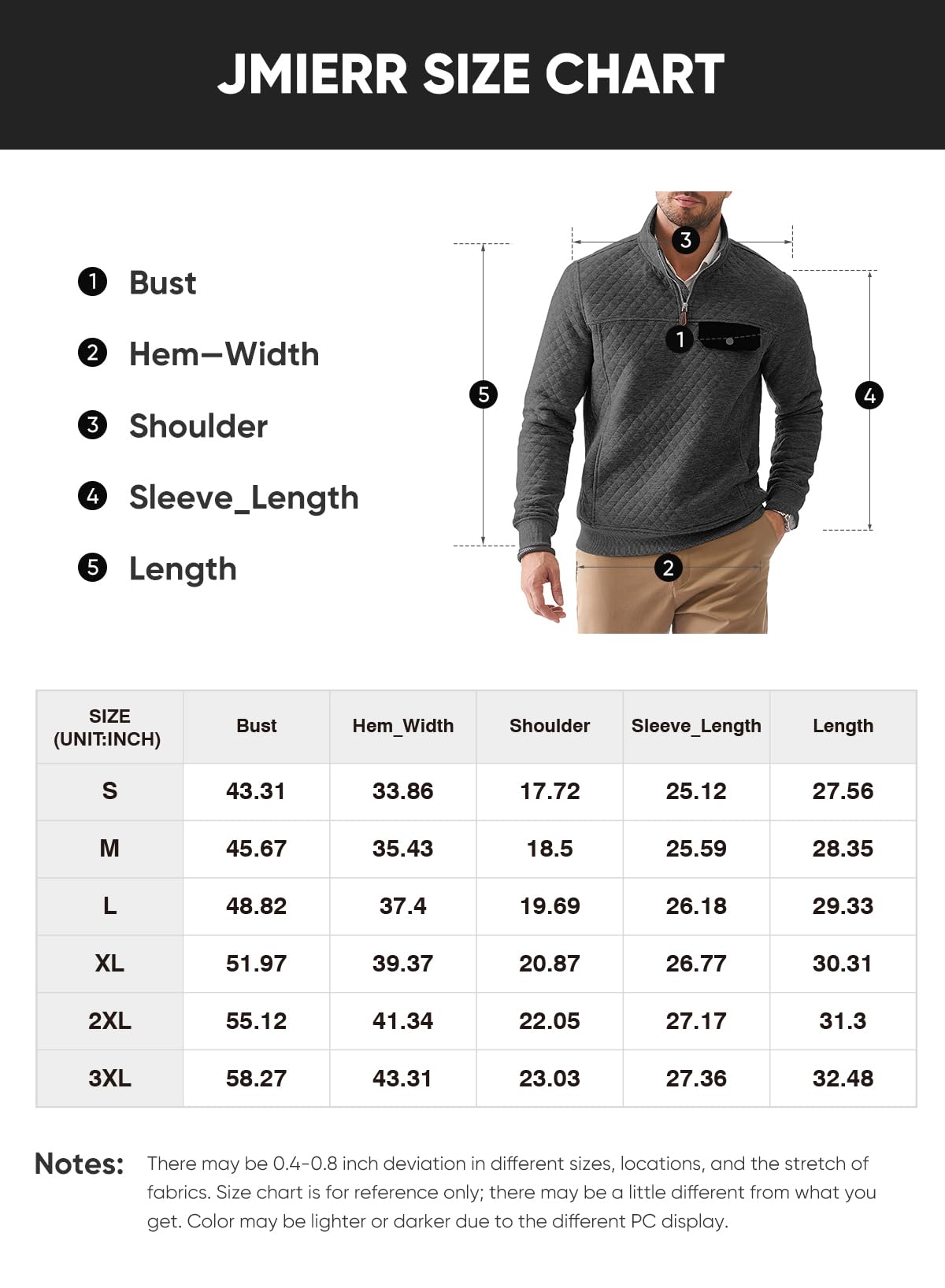 JMIERR Mens Quilted Sweatshirt Casual Long Sleeve Crewneck Quarter-Zip Fashion Pullovers Sweater Jackets with Pockets, S, Dark Grey