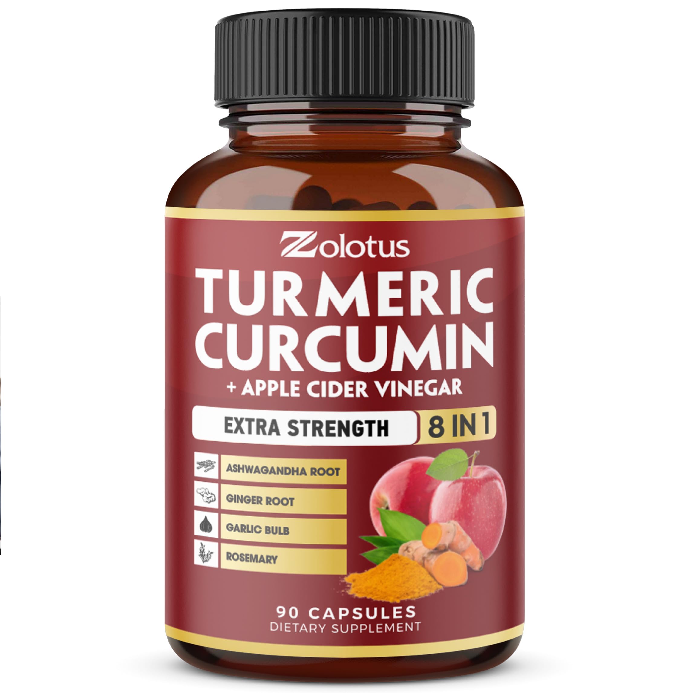 7 in 1 Turmeric Curcumin + Apple Cider Vinegar Capsules, Equivalent to 4080mg, 3 Month Supply with Ashwagandha, Ginger, Garlic Bulb, 95% Standardized Curcuminoids, Joint & Absorption Support