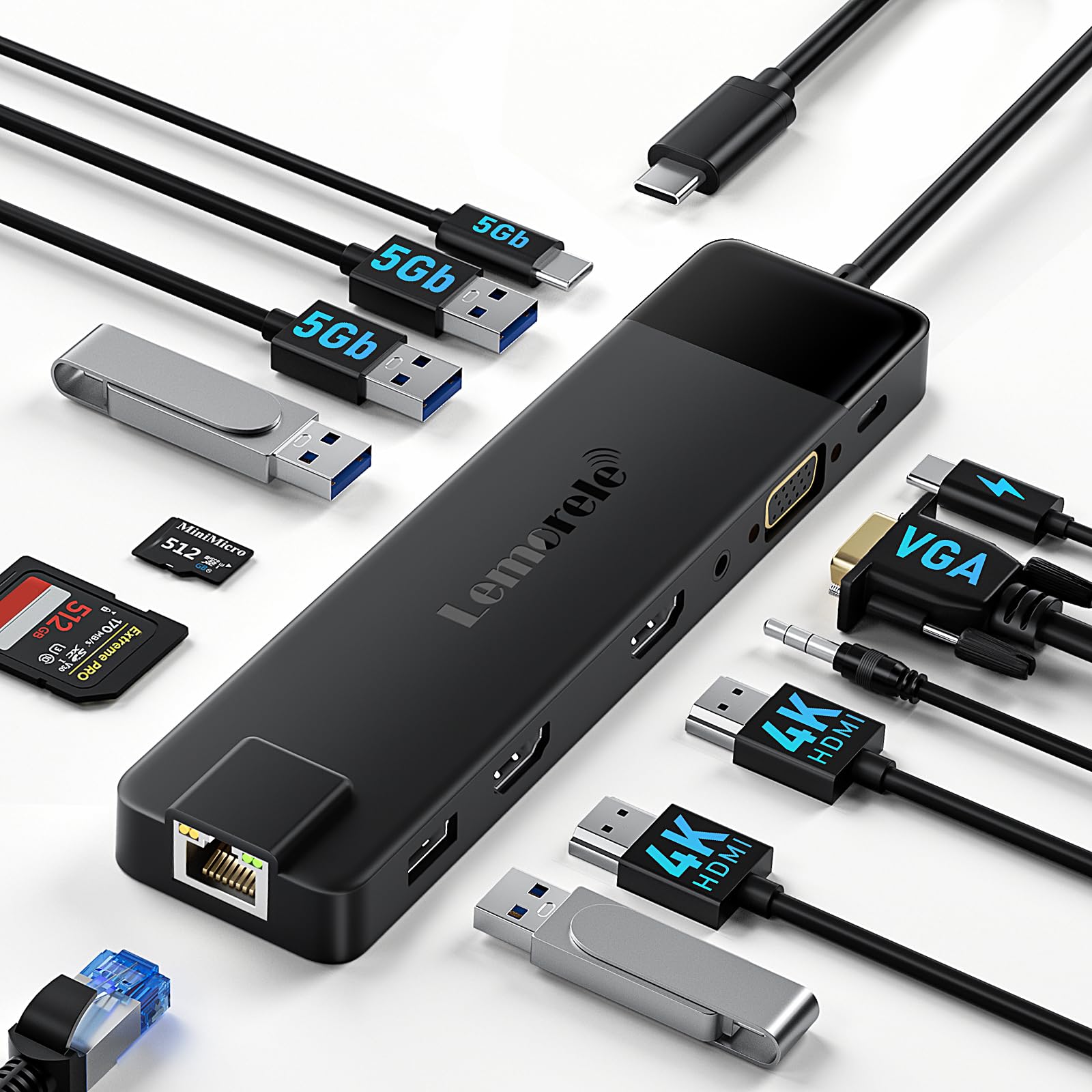 Lemorele 13 in 1 USB C Docking Station for Triple Monitors, Dual 4K HDMI, 1000M RJ45, VGA, 4 USB 3.0/2.0, SD/TF, 3.5MM Audio, USB C 3.0, 100W PD, Compatible with Type C Laptops