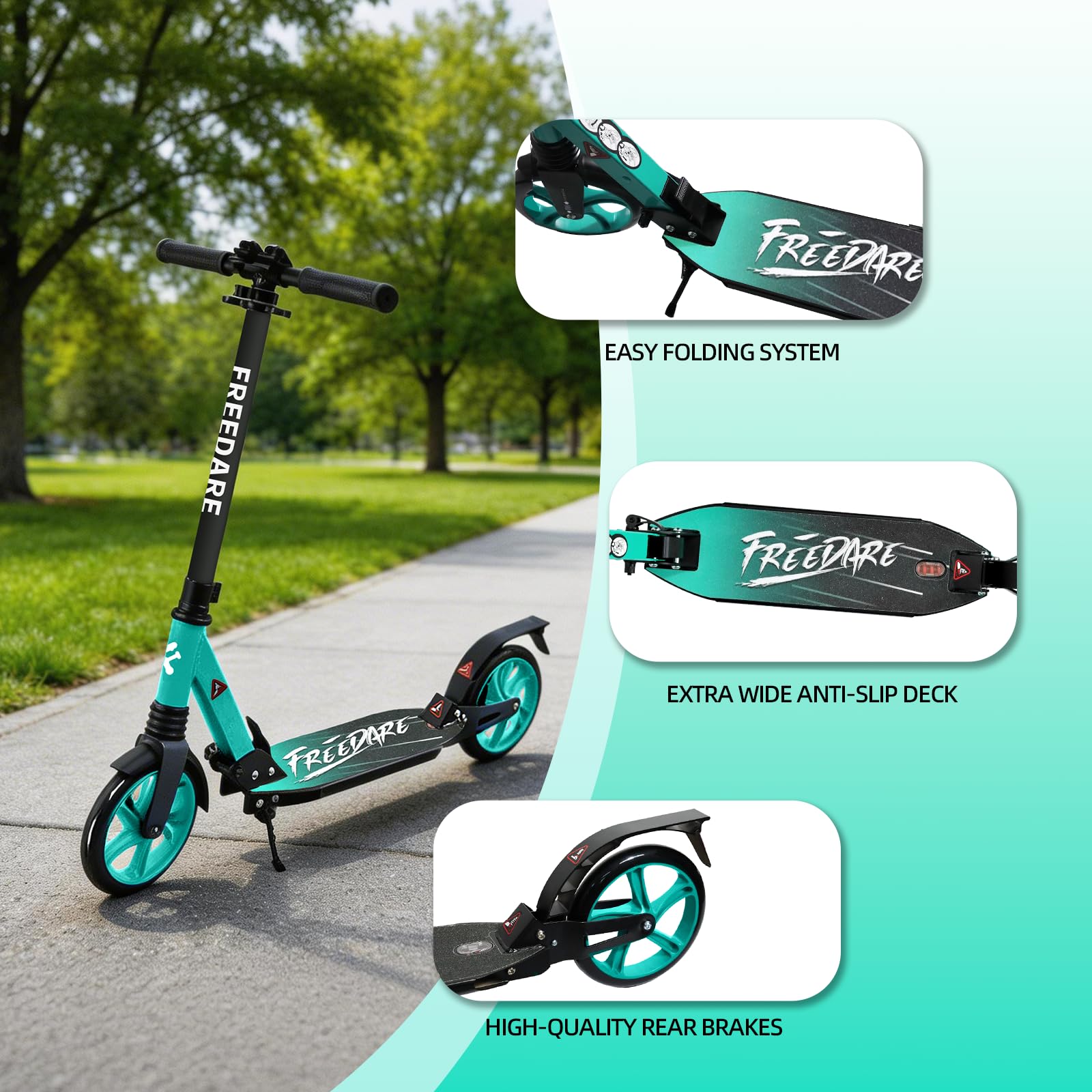 FREEDARE Kick Scooter for Kids & Adults Ages 8+, Foldable Teen Scooter with 2 Big 8-inch Wheels and 4-Level Adjustable Handlebar, Max Load 220 LBS, Green