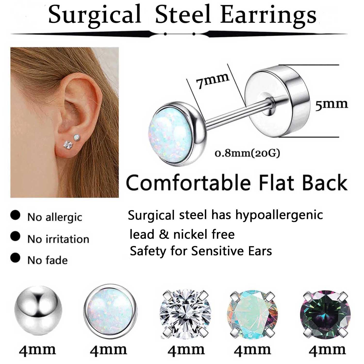 Jstyle Surgical Steel Earrings for Sensitive Ears - Hypoallergenic 20G Stainless Stud and CZ Hoop Earrings for Women and Men - Silver Tone