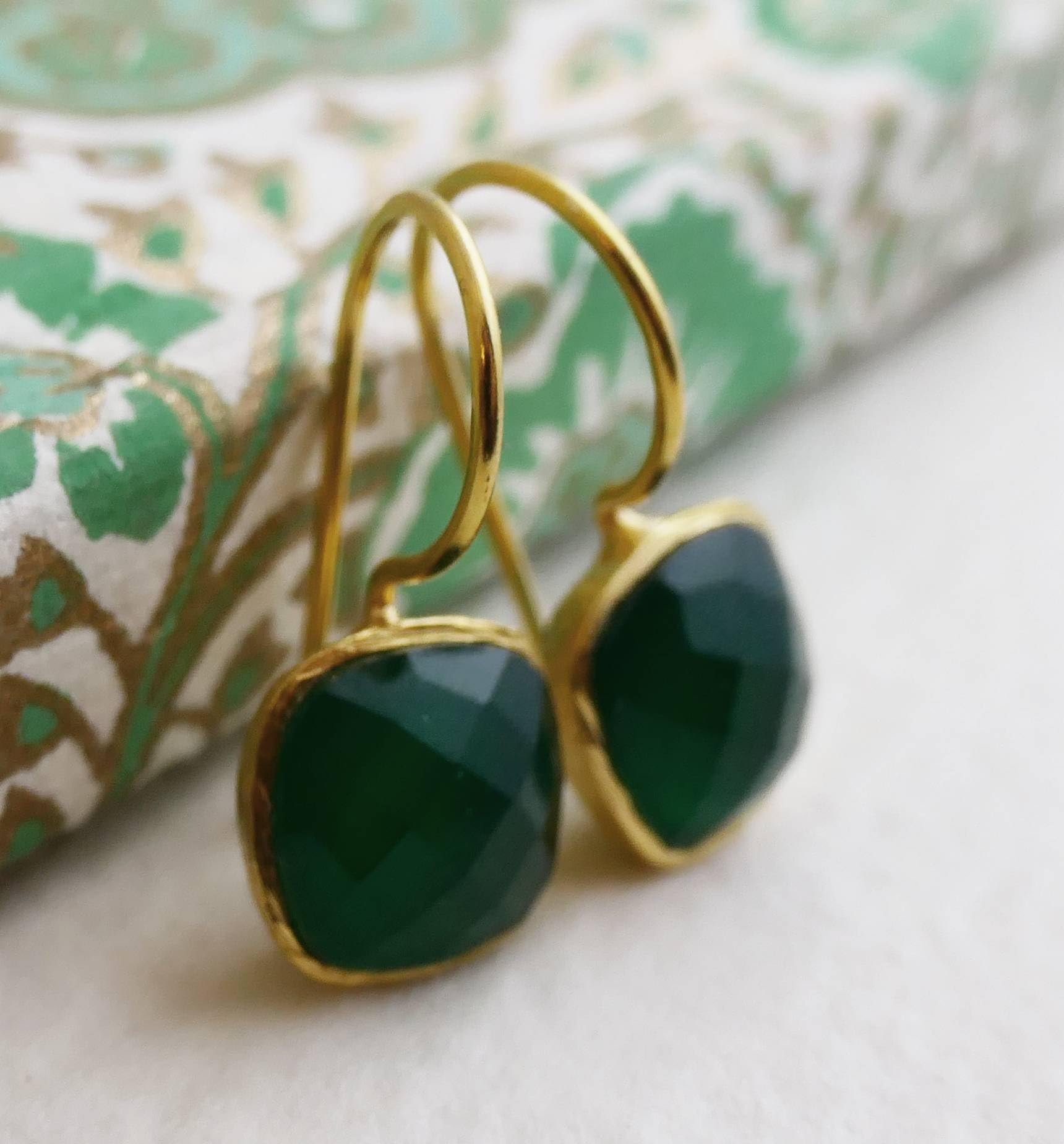 Cushion Cut Natural Green Onyx Gold Plated Sterling Silver Drop Dangle Earrings - Handmade Gemstone Jewelry Gift Ideas for Women (Green Onyx)