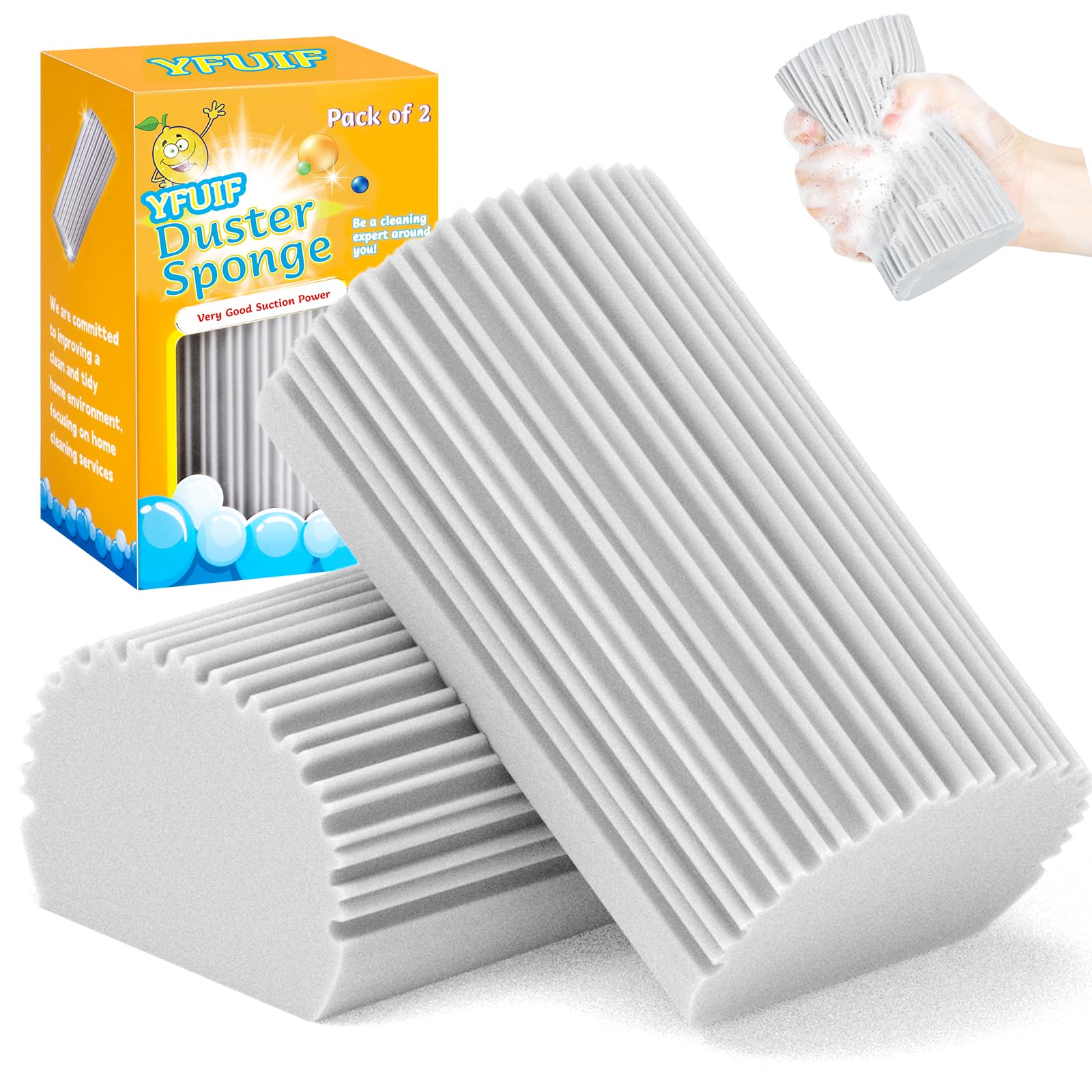 YFUIF 2 Pack Damp Clean Duster Sponge, Magic Sponge Eraser for Household Cleaning, Reusable Dusters Cleaning Supplies for Housekeeping, Dish, Blinds, Glass, Baseboards,Window Track Grooves and Faucets