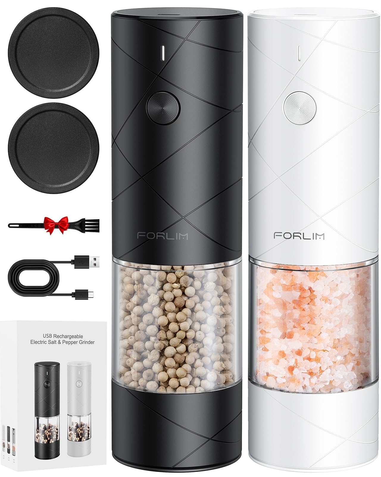 FORLIM Mini Rechargeable Electric Salt and Pepper Grinder Set with Dust Cover, Adjustable Coarseness Automatic Salt Pepper Mill Grinder, One-Button Control for Kitchen, LED Light, Set/Black&White