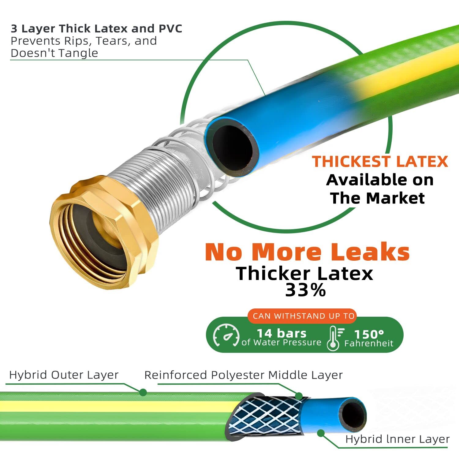 Garden Hose 50 ft x 5/8 in Heavy Duty-Flexible&Lightweight Outdoor Water Hose with 10 Pattern Spray Nozzle,Burst 600psi,Kink-less Hybrid Rubber Car Washing Pipe Hoses for Backyard,3/4''Brass Fittings