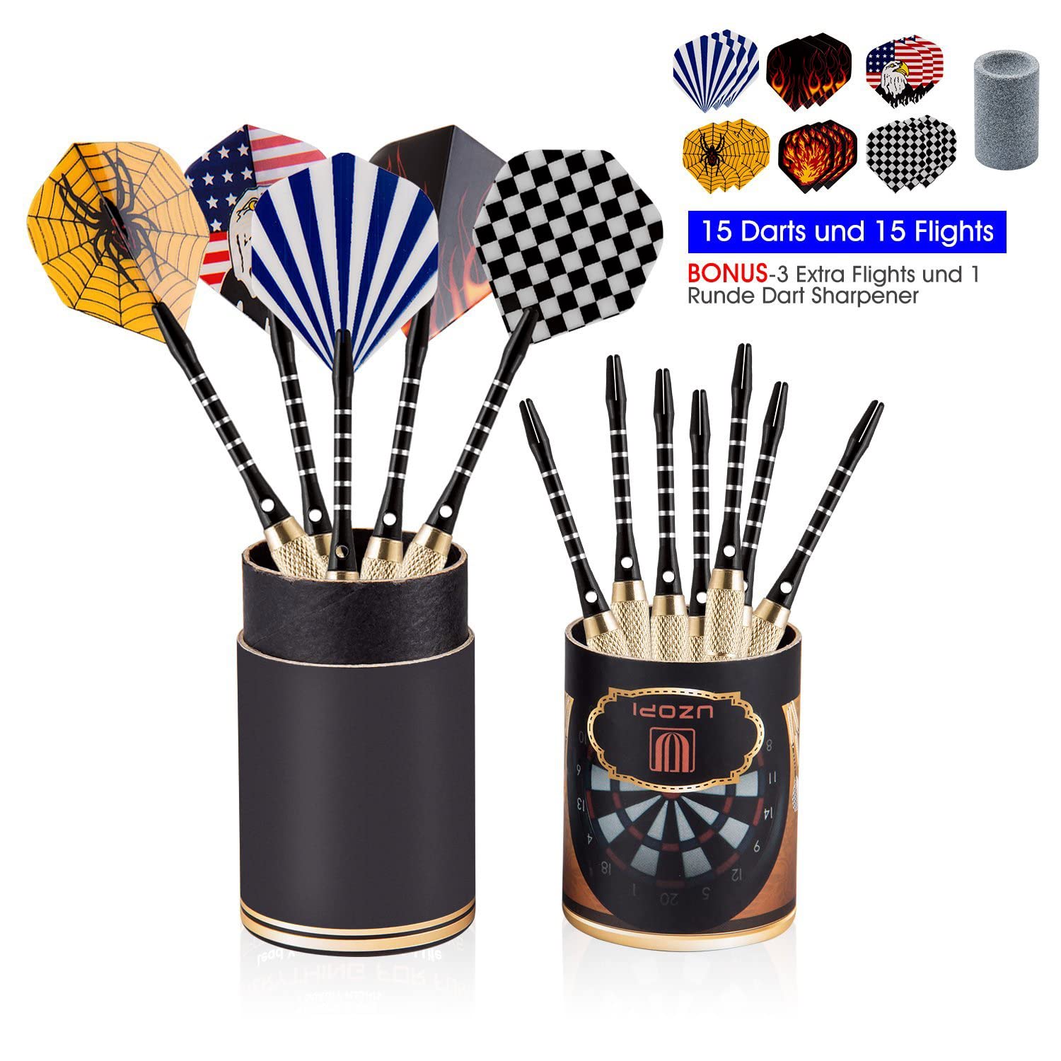 UZOPI 15 Packs Steel Tip Darts 18 Grams with Dart Sharpener and 3 Extra Flights, Aluminum Shafts & Brass Barrels, Levels in Every Rec Room, Man Cave, Bar and Game Room