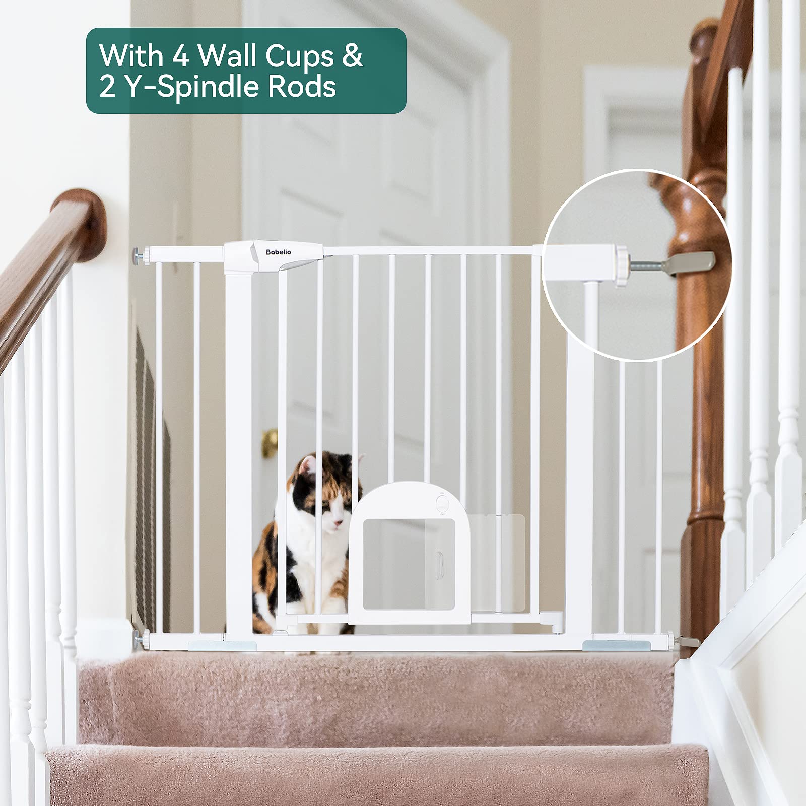 Babelio Baby Gate with Adjustable Cat Door, 29-43" Auto Close Durable Dog Gate for Stairs, Doorways and House, Easy Walk Thru Safety Gate with Pet Door, White
