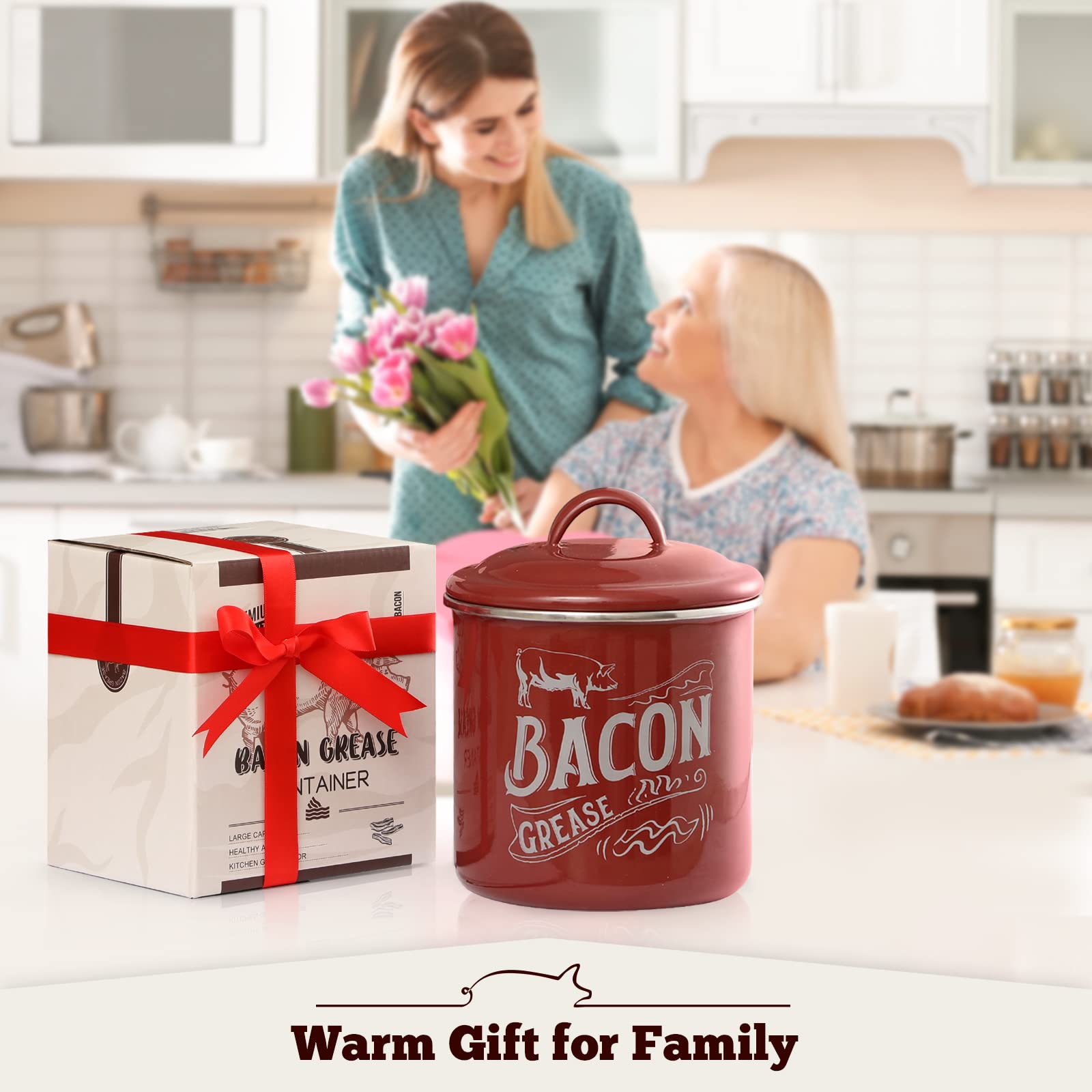 1.3L Bacon Grease Saver Container with Fine Strainer - Red Enamel & Stainless Steel Oil Keeper Can for Bacon Fat Dripping - Farmhouse Kitchen Gift & Decor Cooking Accessories - Dishwasher Safe