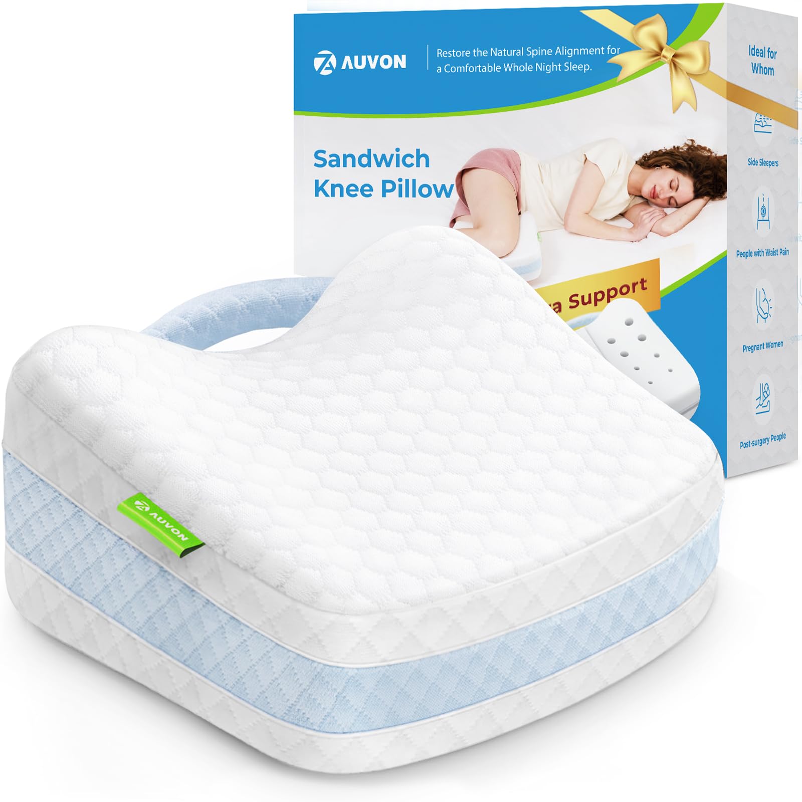 AUVON Leg & Knee Pillow for Sciatica, Back, HIPS, Joints Pain Relief, Enhanced Softness & Support Sandwhich Memory Foam Knee Pillow for Side Sleepers, Ice Silky Fabric for Sleeping Comfort