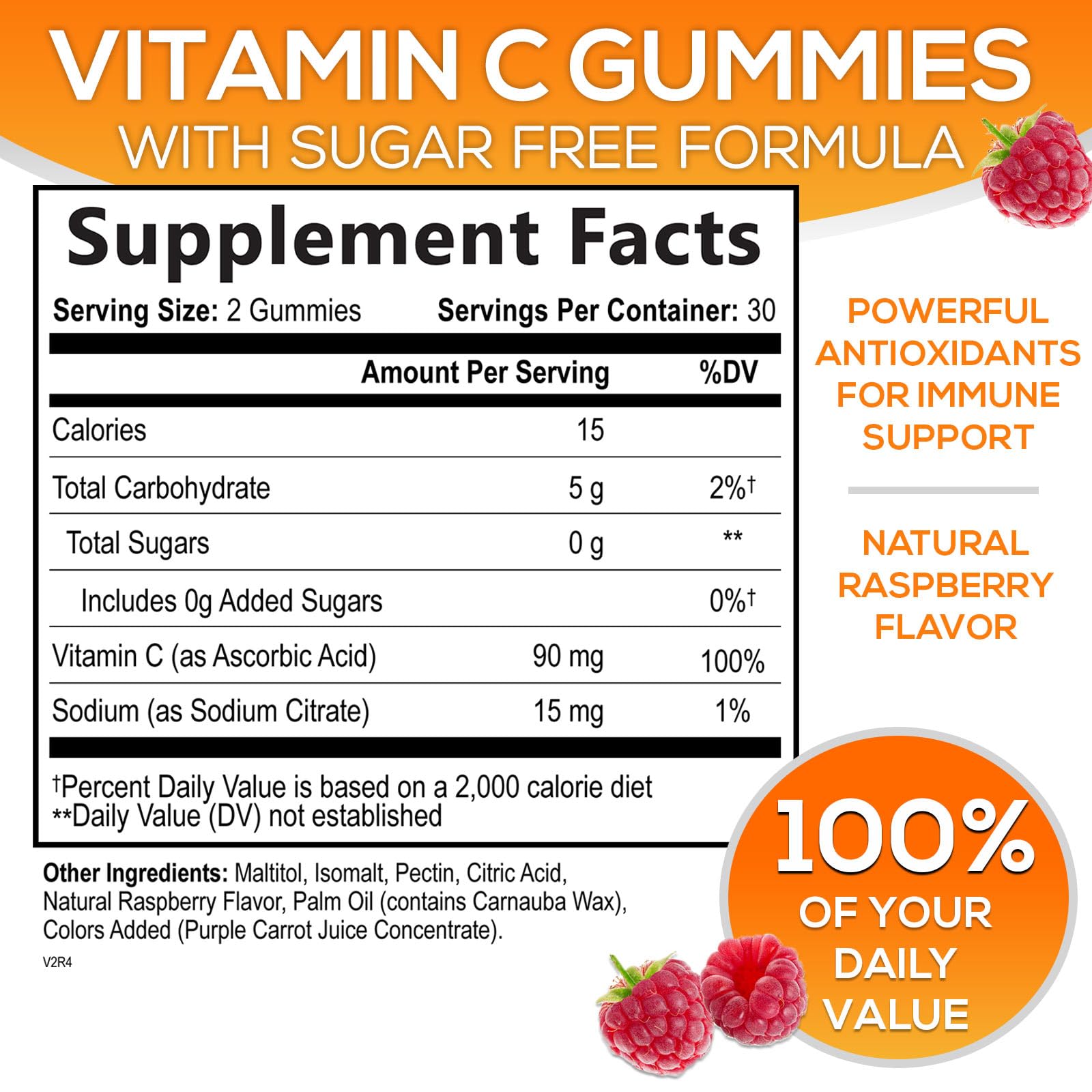 Sugar Free Vitamin C Gummies - Immune Support & Antioxidant Vitamin Dietary Supplement - Vegan, Non-GMO, Dairy & Gluten Free C Vitamin Gummy - Raspberry Flavor for Kids & Adults - 60 Count Gummies