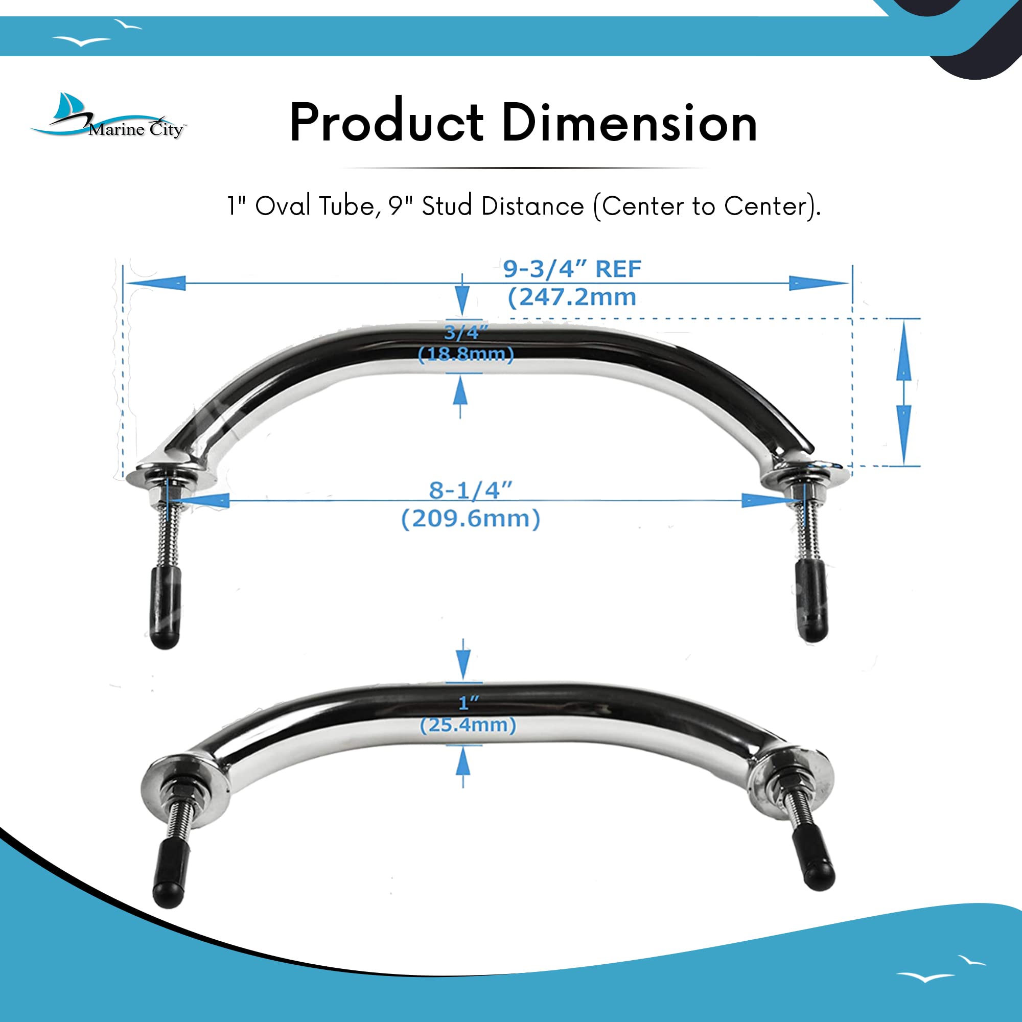 MARINE CITY Stainless Steel Oval Marine Grab Handle/Handrail with Flange and Studs for Boats – Ships – Yachts – Kayaks (8 Inches)