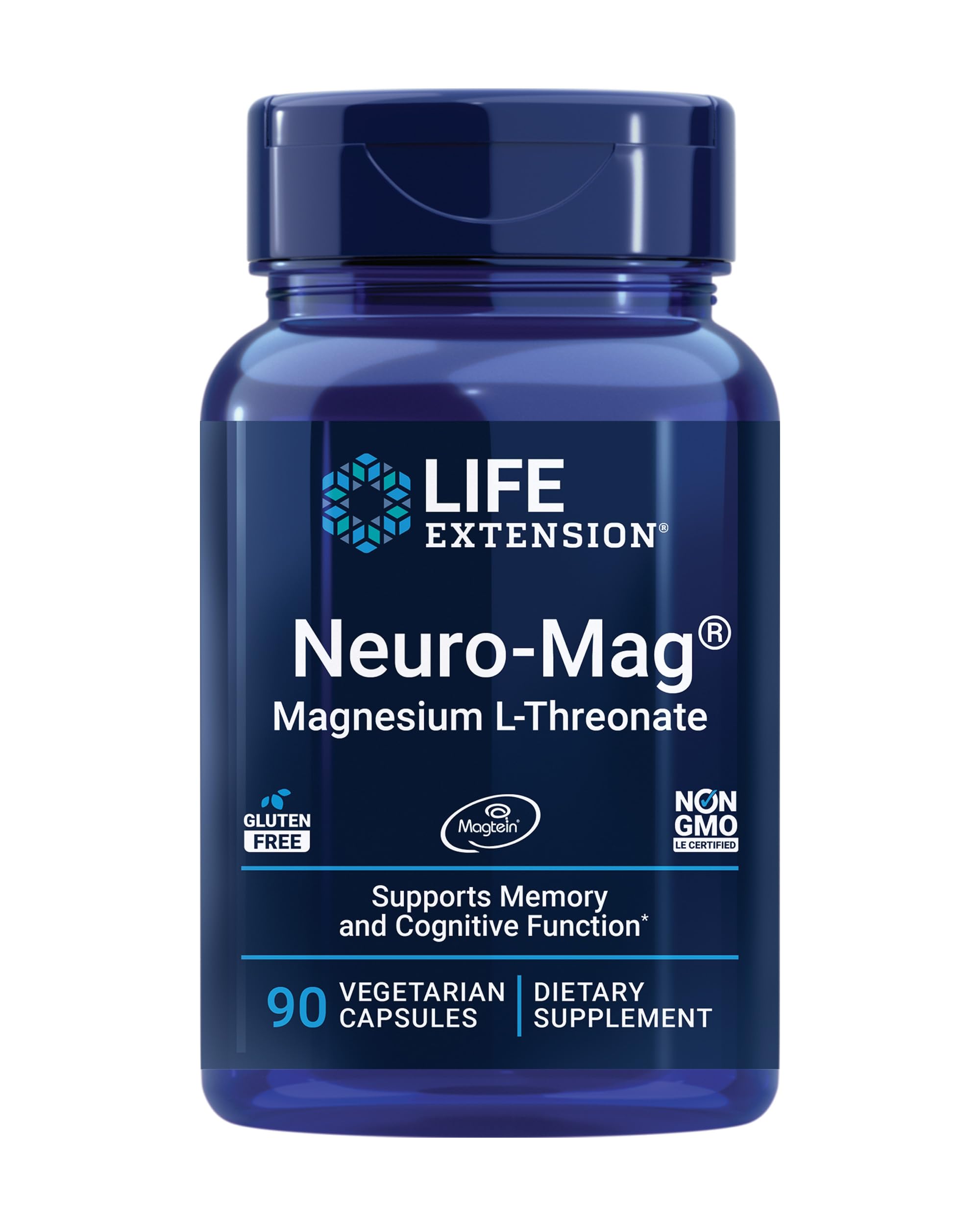 Life Extension Neuro-mag Magnesium L-threonate, Magtein, Magnesium Supplement, Brain Health, Memory & Attention, Gluten Free, Vegetarian, Non-GMO, 90 Vegetarian Capsules