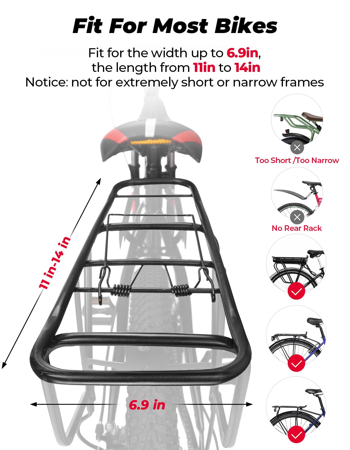 KEMIMOTO Rear Bike Rack Bag - 8L PVC Water Resistant Bicycle Bag for Road and Mountain Bikes - Black Commuter Bag for Grocery Shopping and Cycling