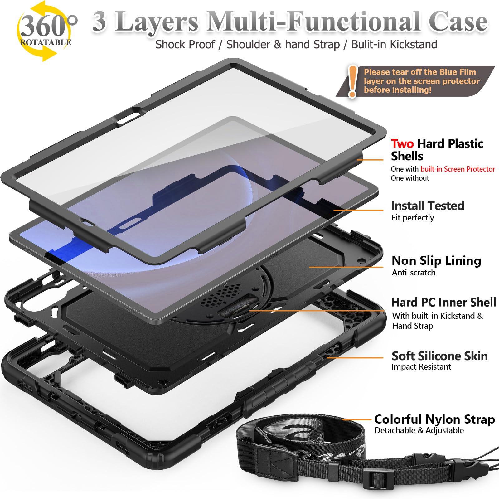 SEYMAC stock for Samsung Galaxy Tab S9 FE+ Plus 5G Tablet Case 12.4'' 2023 with Screen Protector Pencil Holder [360 Rotating Hand Strap] &Stand, Drop-Proof Case for Galaxy Tab S9 FE+ 12.4'', Black1