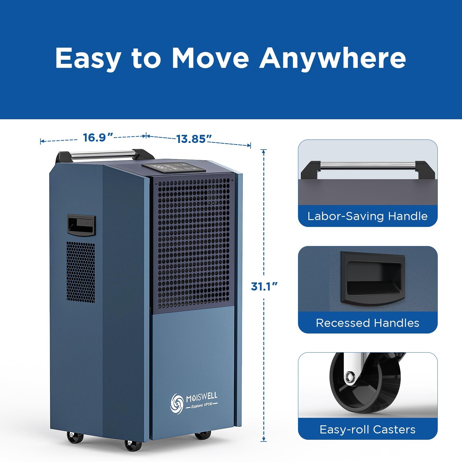 Moiswell 190 Pints Commercial Dehumidifier with Pump for Basements, Industrial Heavy Duty Commercial-grade Portable Dehumidifiers for Large Spaces Warehouse Grow Room, Water Damage Restoration