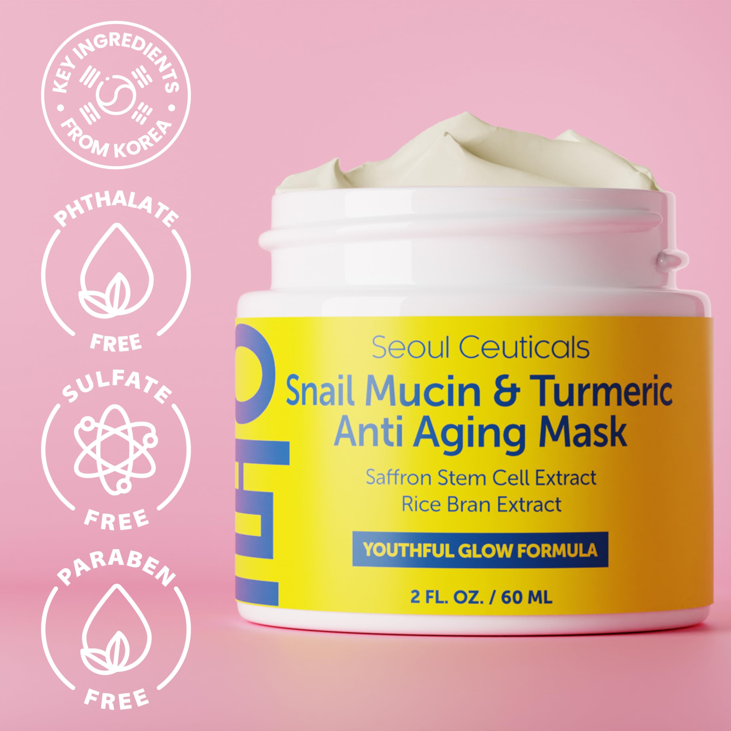 SeoulCeuticals Korean Face Mask Skin Care - Snail Mucin Turmeric Mask for Face – Cruelty Free K Beauty Anti Aging Face Mask for Healthy, Youthful Glow 2oz