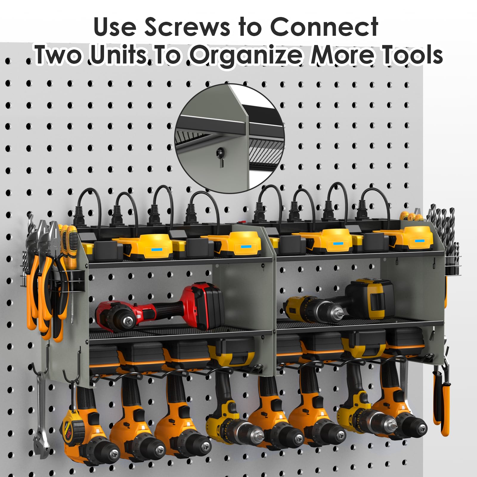 CCCEI Set Power Tool Organizer Wall Mount with Charging Station. Garage 4 Drill Storage Shelf with Hooks, Heavy Duty Metal Tool Battery Charger Organizer. Shop Utility Rack with Power Strip Grey.