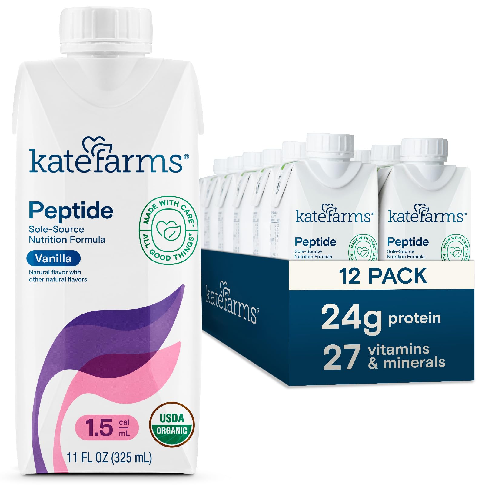 KATE FARMS Organic Adult Peptide 1.5 Formula, Vanilla, Sole-Source, Hydrolyzed Plant-Based Nutrition for Oral or Tube Feeding, 11 Fl oz (12 Pack)