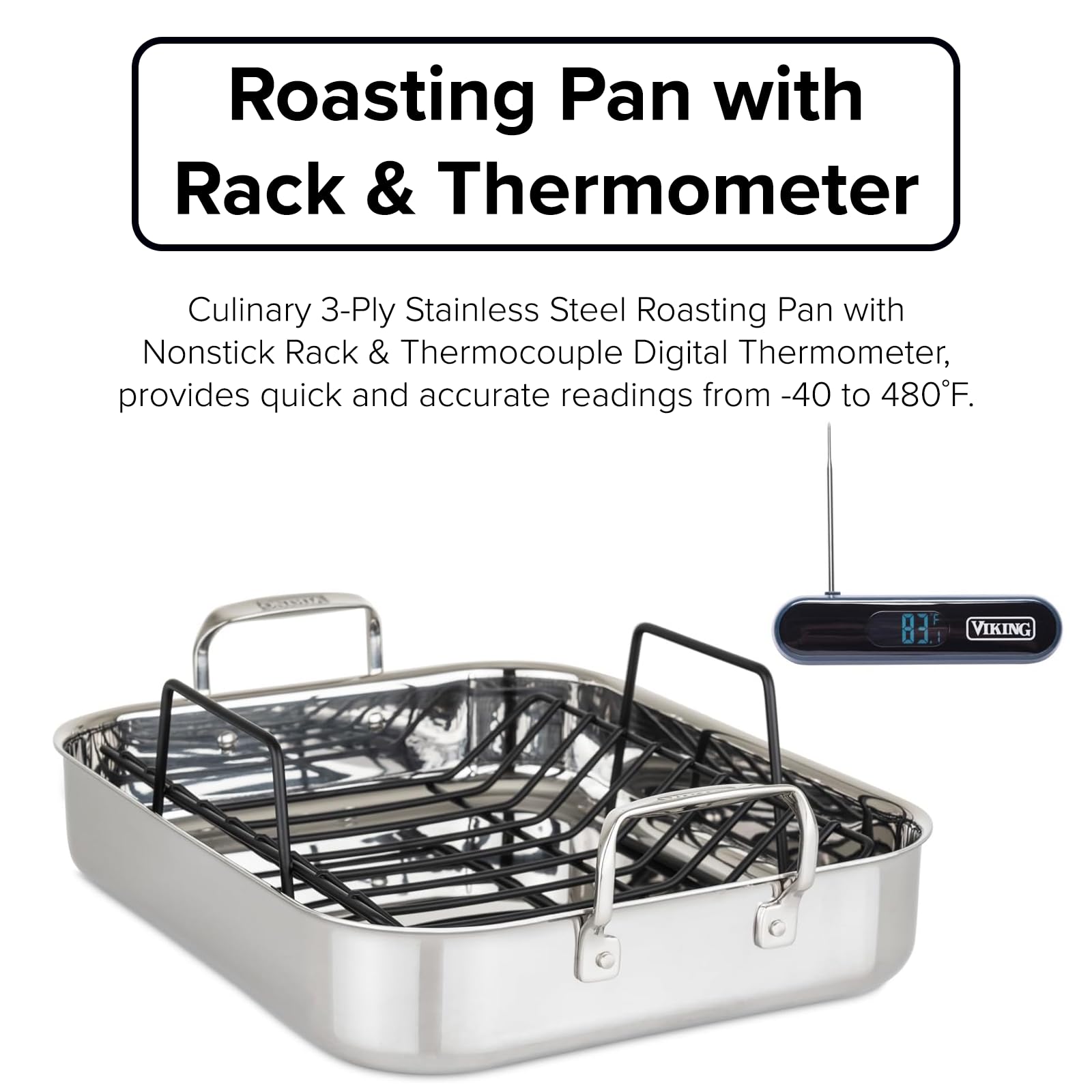 Viking Culinary 3-Ply Stainless Steel Roasting Pan and Rack with BONUS Instant Read Thermocouple Probe Thermometer, 16" x 13" x 3"