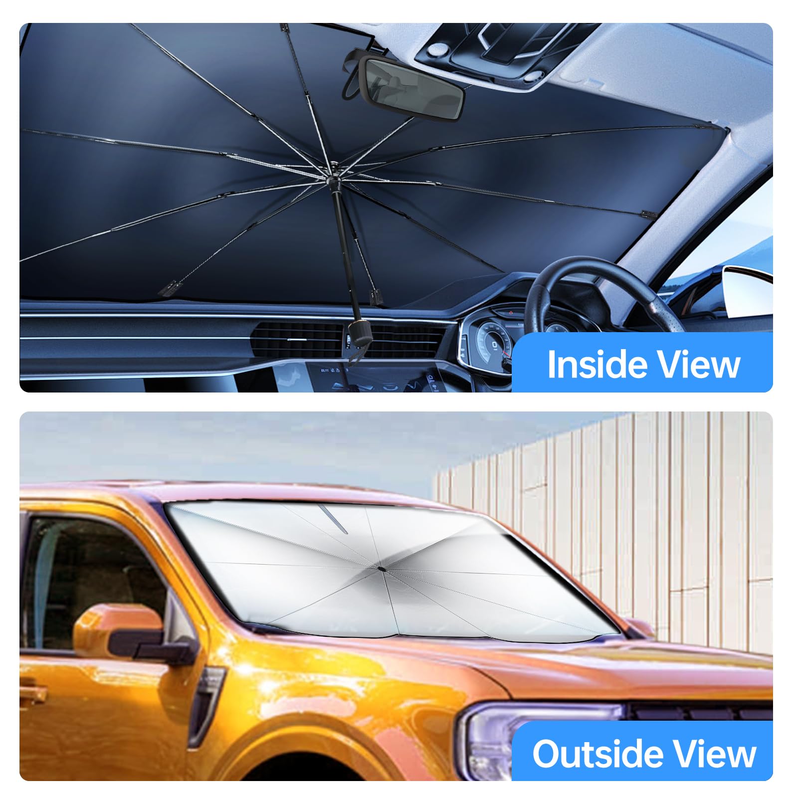 Luckyliz Car Windshield Sun Shade Umbrella for Sedan SUV, [4 Layers Nano Coating][10 Fiberglass Ribs] UV Protection & Heat Insulation Foldable Automotive Front Window Sunshade (57"x31")