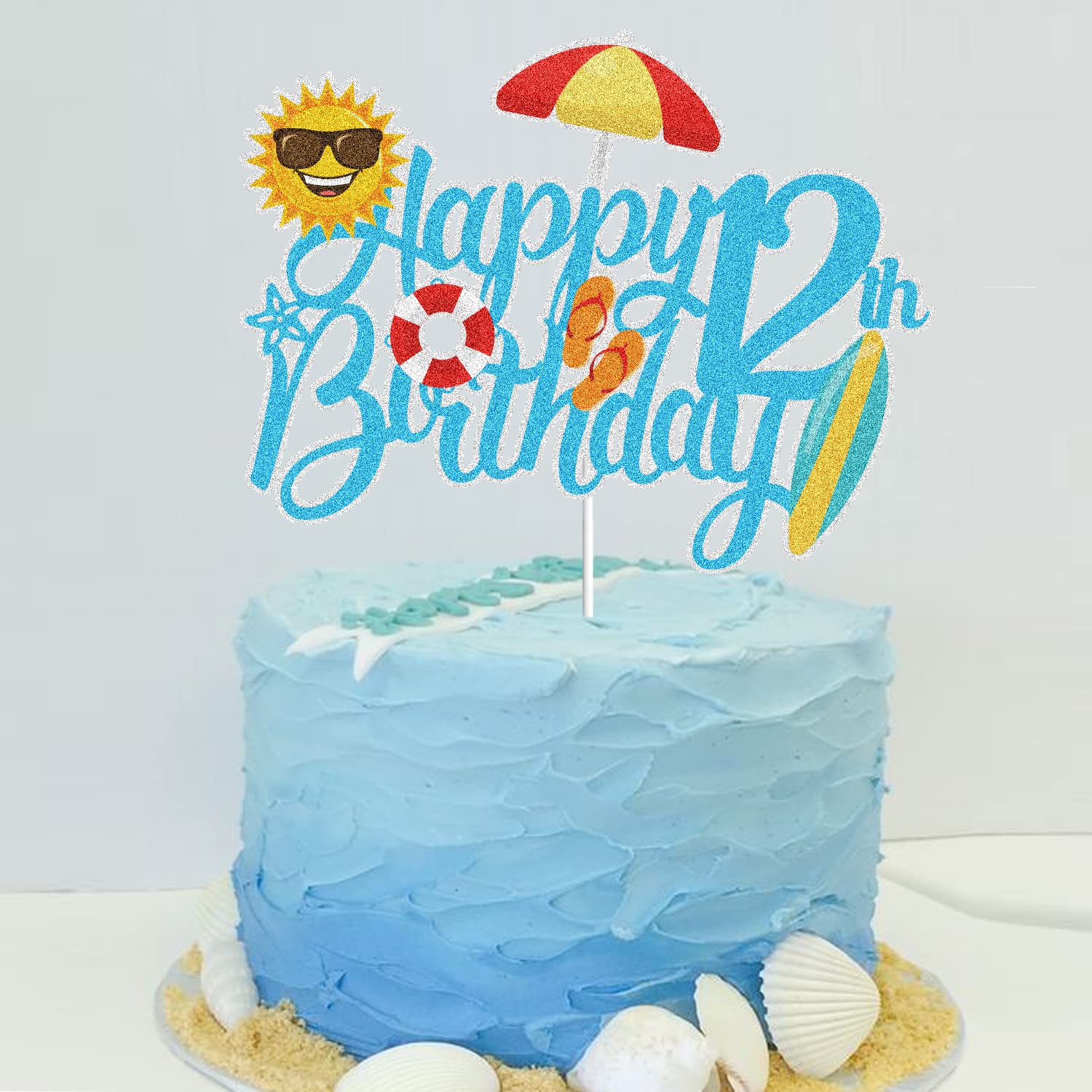 Summer Beach Happy 12th Birthday Cake Topper Blue Glitter Summer Pool Swimming Surfing 12 Twelve Years Old Party Decoration Summer Holiday Birthday Party Favor Supplies