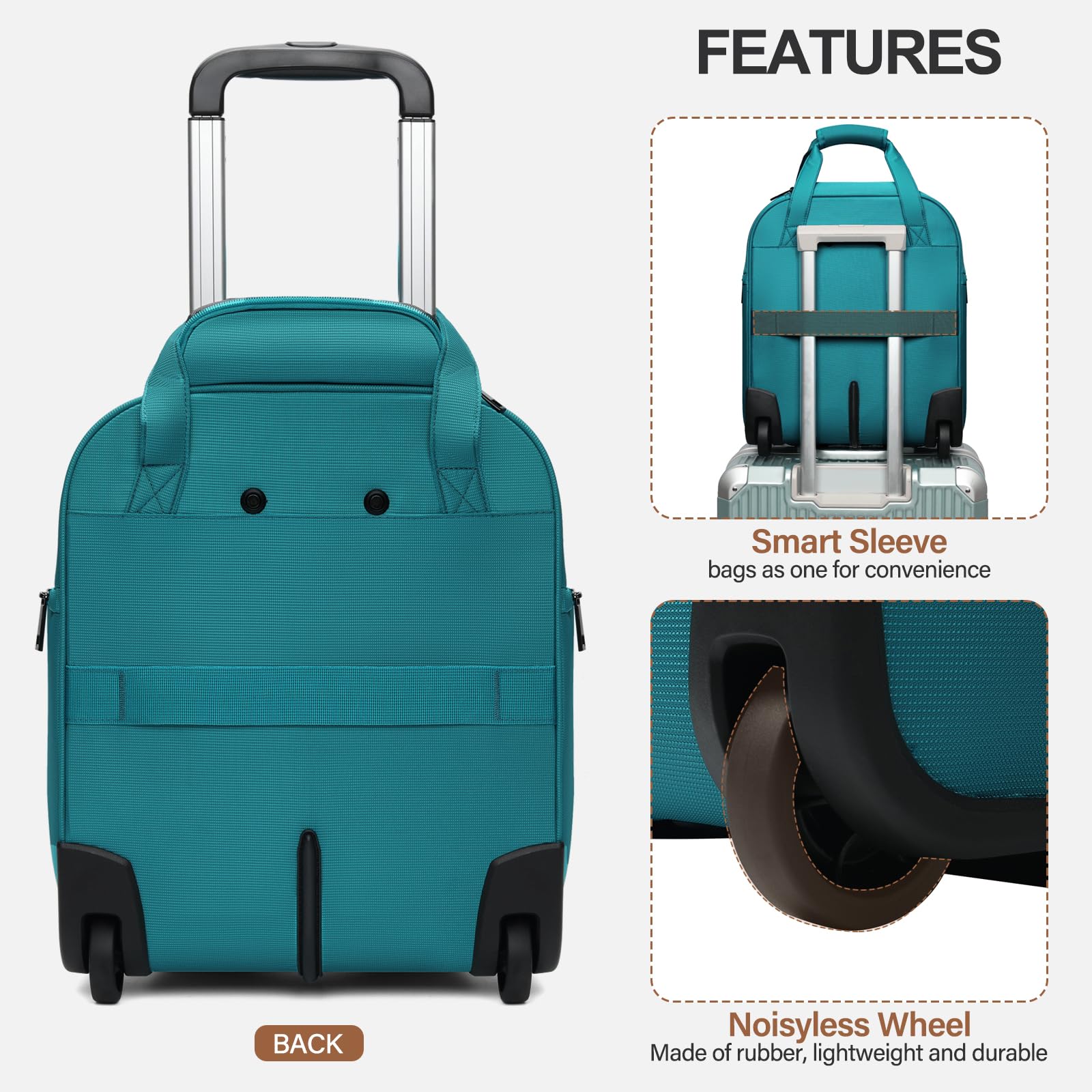 TIAWOLT Personal Item 16-Inch Underseat Carry on Luggage With Wheels Lightweight Wheeled Underseater under seat bags for airplanes Upright 2 Wheel Teal Green