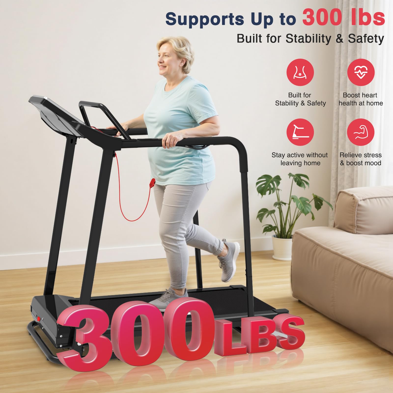 Redliro Walking Treadmill with Long Handrail for Balance, Recovery Fitness Exercise Machine Foldable for Home use with Holder for Phone & Cup,LCD Display, 300 lbs Capacity