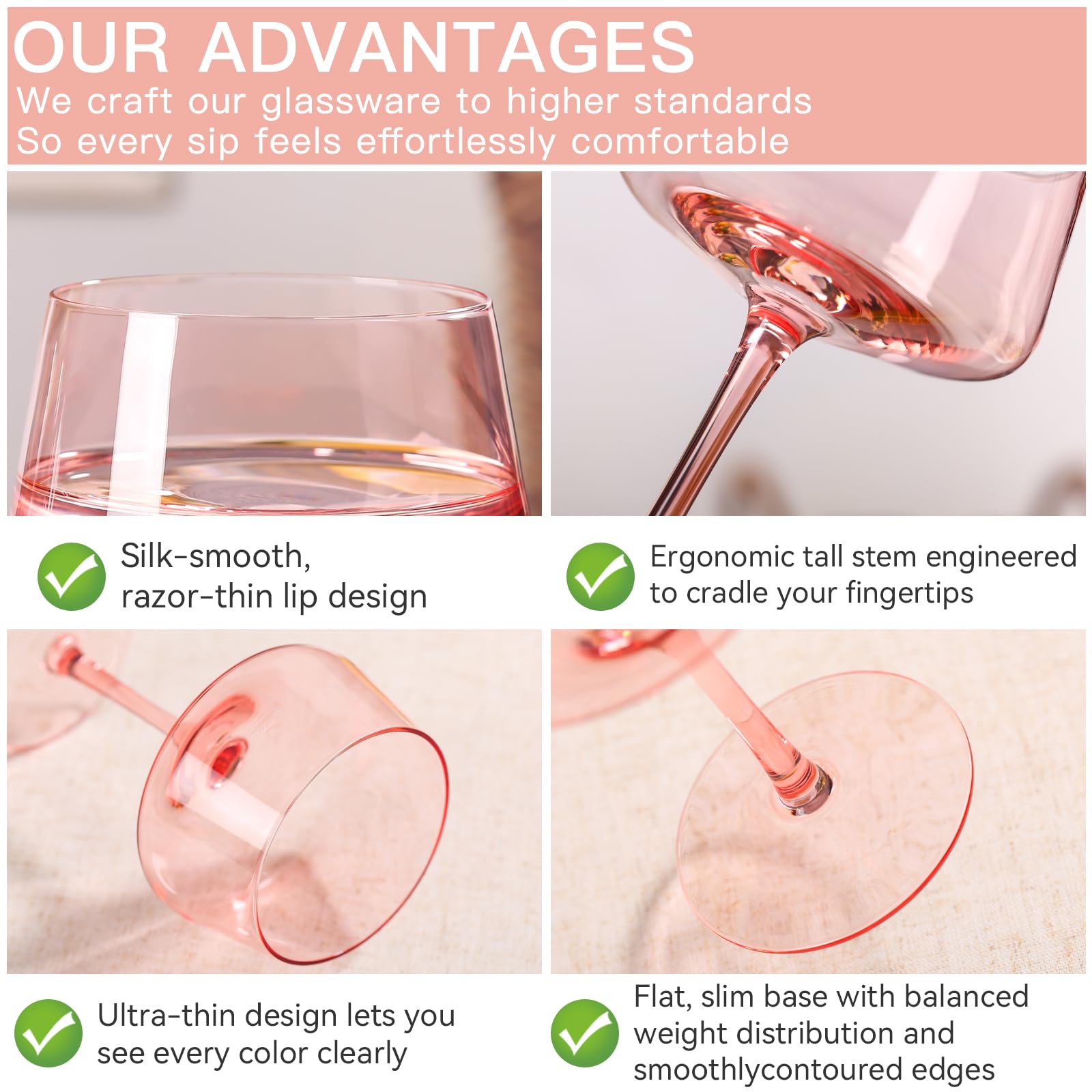 Pink Coupe Glasses Set of 6 - 13 oz Large Capacity Martini Glassware - Versatile Tall Cocktail Glasses- Hand-Blown Colored Champagne Coupe Glass-Art Deco Cocktail Glasses Set-Wedding,Christmas Gifts