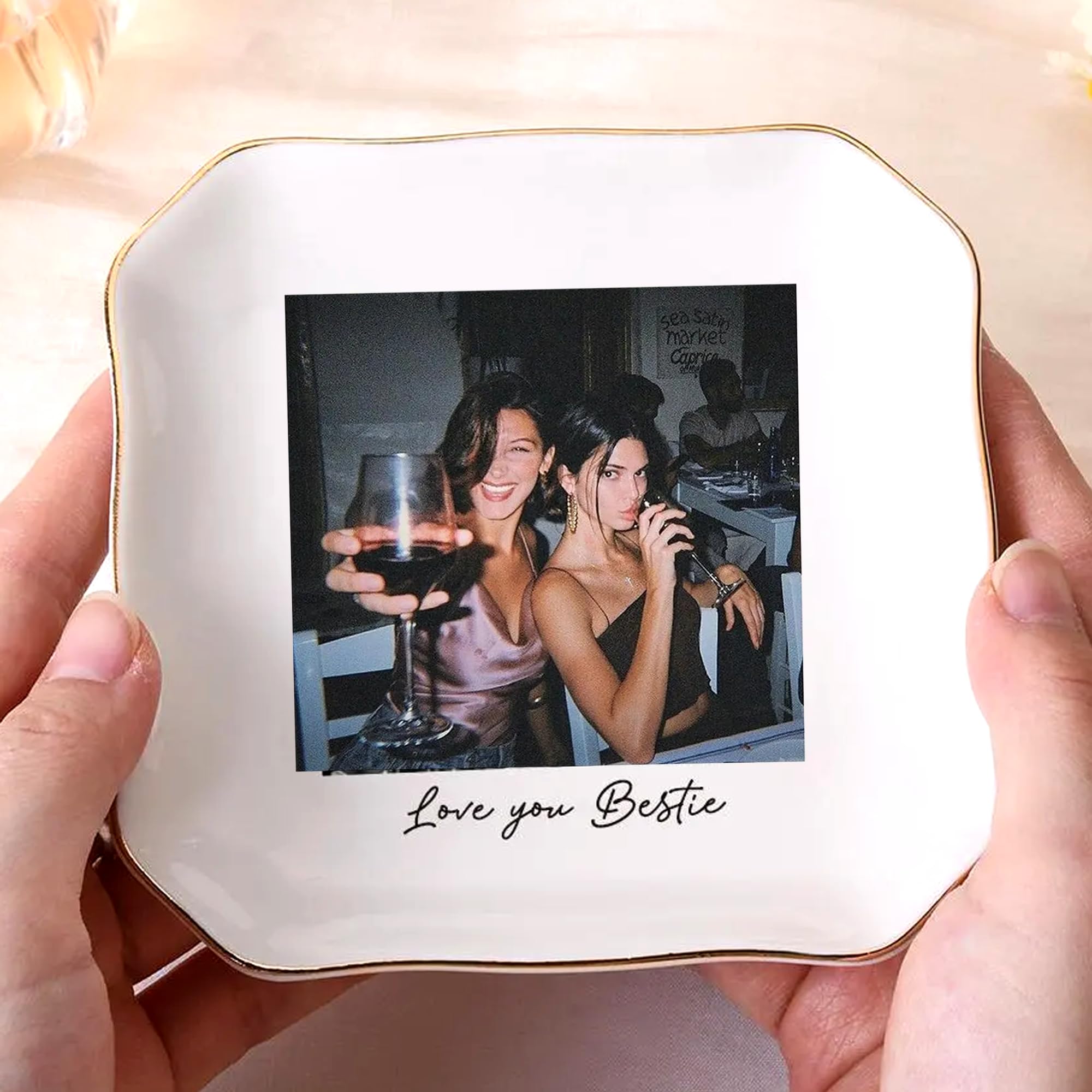 Hugsly Personalized Besties Photo Ring Dish, Custom Jewelry Dish Gift for Besties, Soul Sister Trinket Gift for Long Distance Friendship Women BFF Anniversary Birthday Wedding Gifts 1