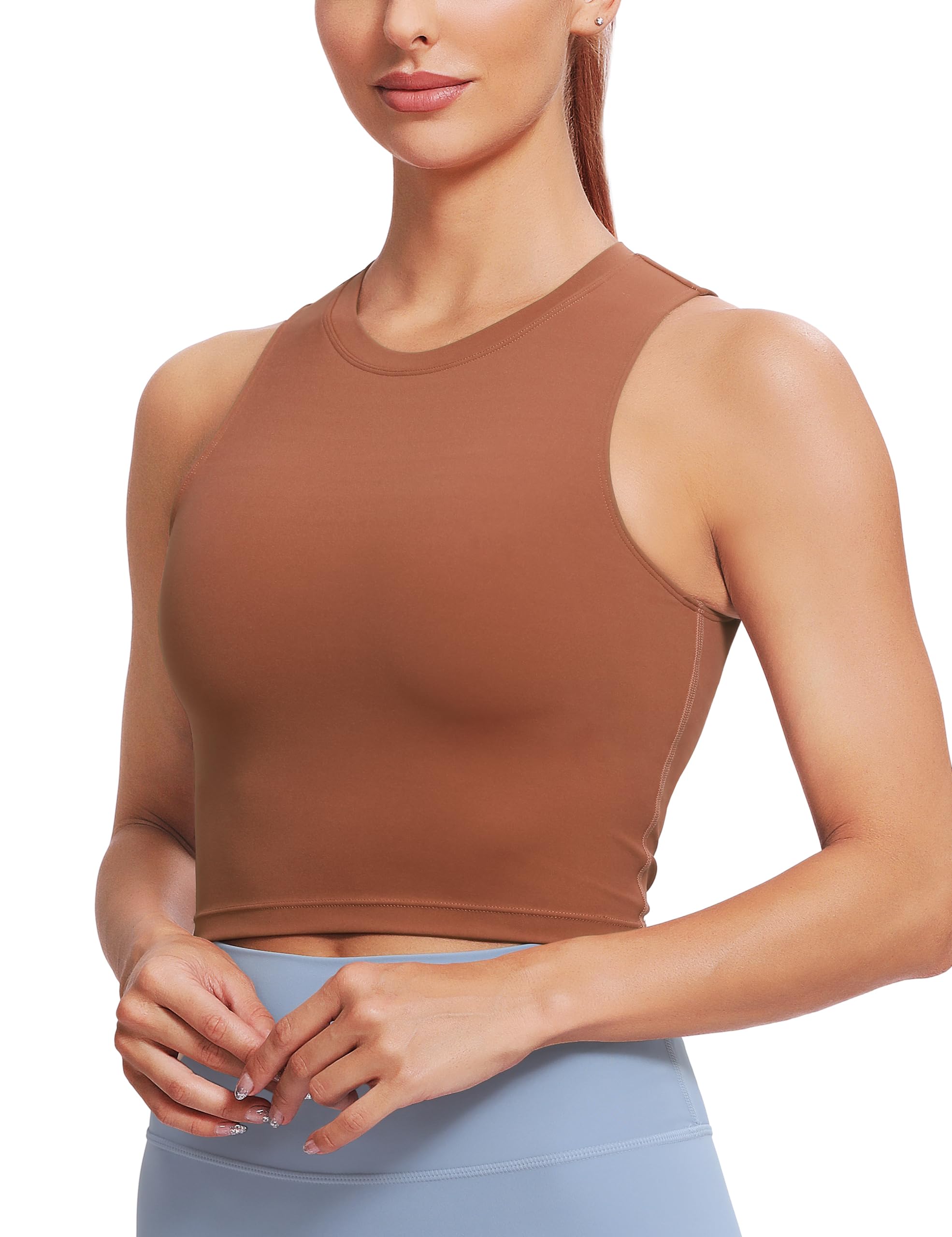 Natural Feelings Sports Bras for Women Removable Padded Yoga Tank Tops Sleeveless Fitness Workout Running Crop Tops Coffee Brown