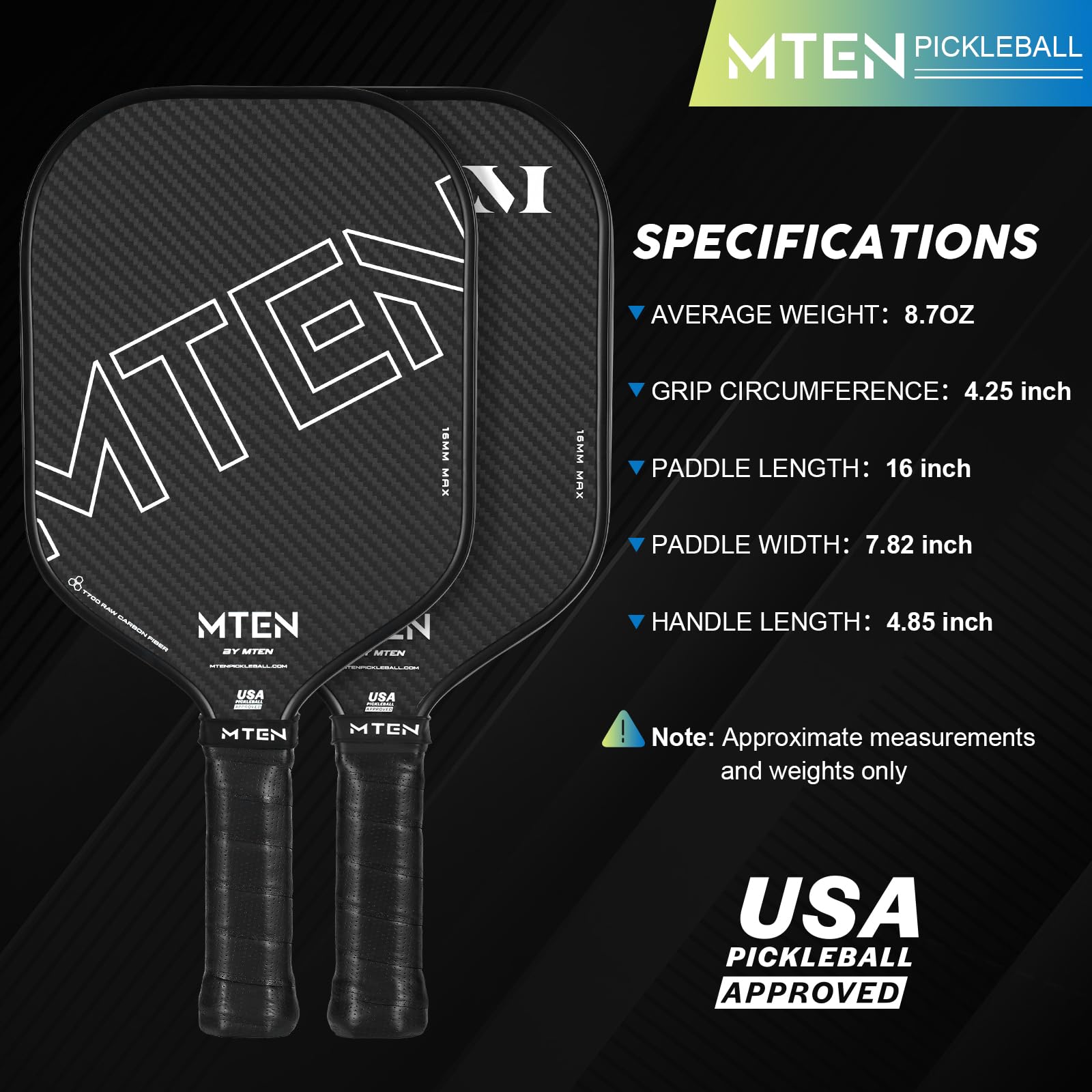 MTEN Pickleball Paddle, Carbon Fiber Pickleball Paddles,16MM Polypropylene Honeycomb Core Carbon Fiberglass Pickleball Paddles, USAPA Approved, Beginners & Pros