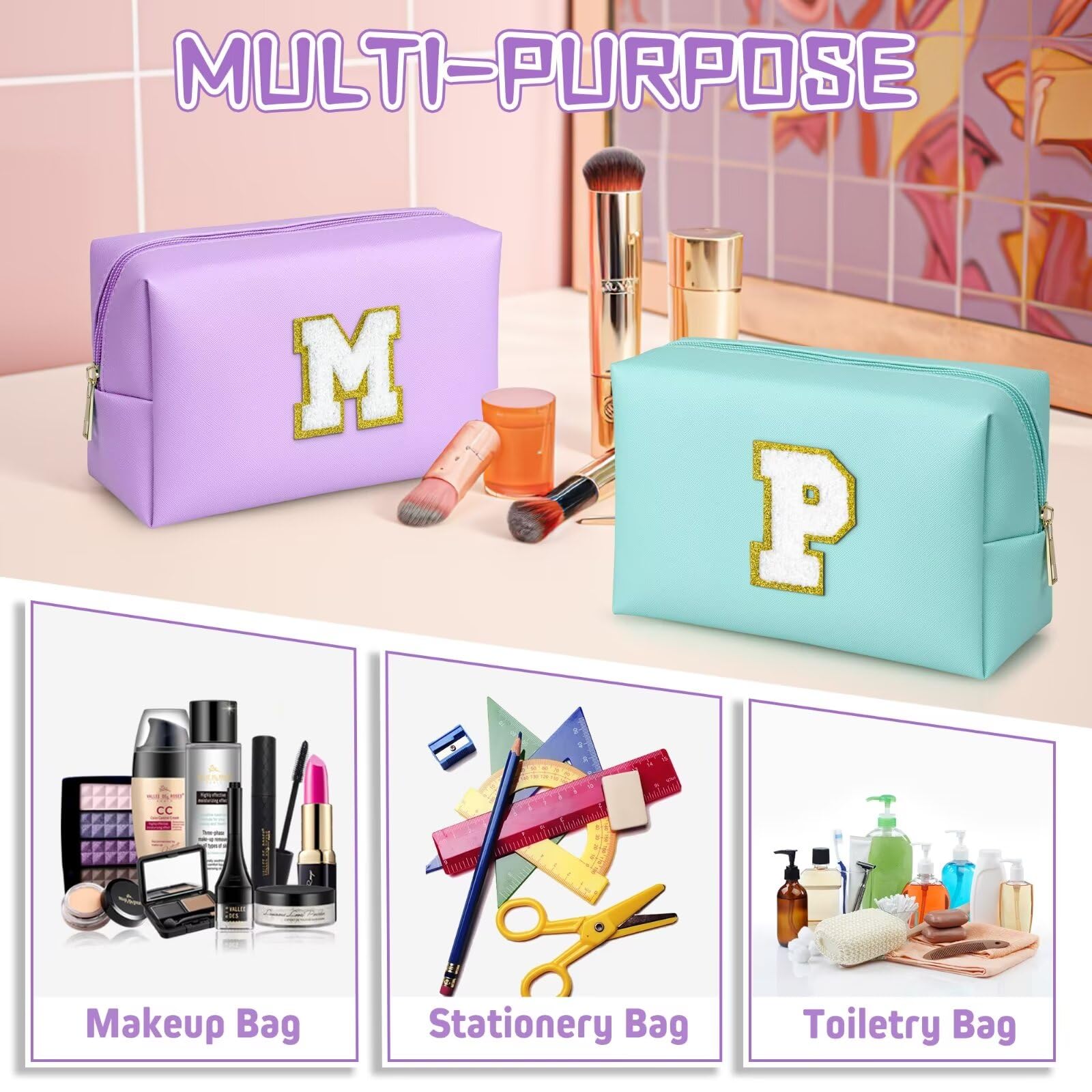 TOPEAST Mom Gifts for Mom, Personalized Initial Makeup Bag Cosmetic Bags for Women Cute Purple Makeup Pouch Birthday Gifts for Mom Mothers Gifts (Purple A)