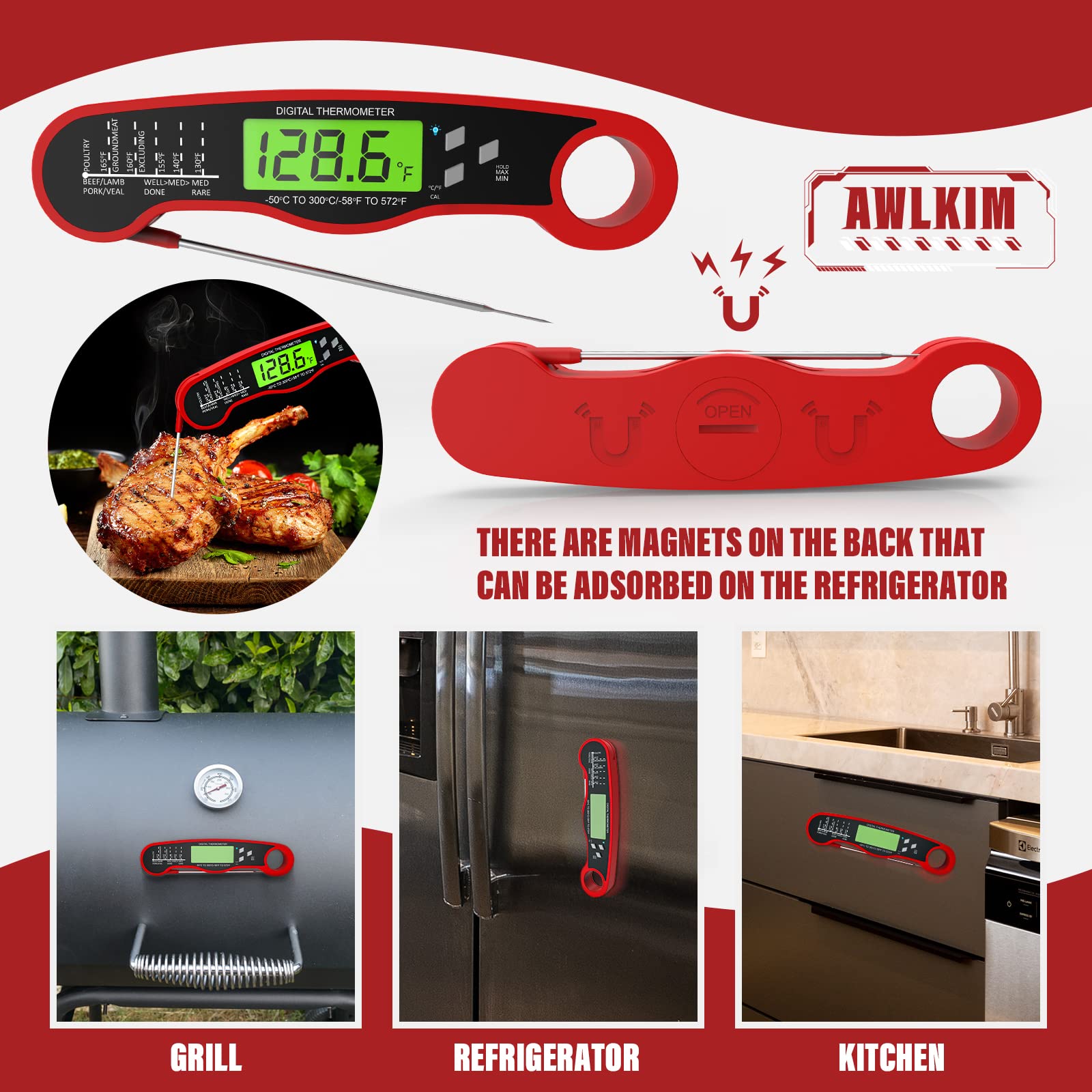 AWLKIM Meat Thermometer Digital - Fast Instant Read Food Thermometer for Cooking, Candy Making, Outside Grill, Waterproof Kitchen Thermometer with Backlight & Hold Function - Red